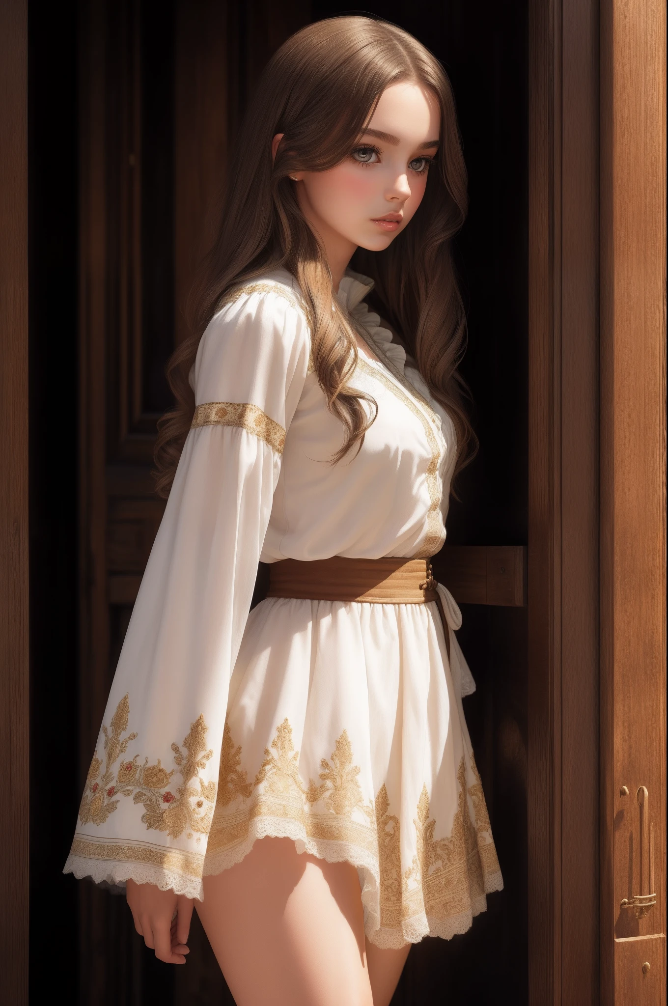 AS-Young , (masterpiece), artistic photography, (panty pull, undressing, from bottom) , cowboy shot, thigh gap, 1GIRL, beautiful face, long BROWN hair , (lusty lips:1.4) photography taken by sldr, happy, high detailed face, soft light, , SUMMER DRESS), soft skin, (sensual:1.5) folklore:1.6, white shirt with wide sleeves, slavic floral decor, realistic , polish national clothes ,slavic ethnicity, stylised, uniform, outdoor, (sunset, golden hour)