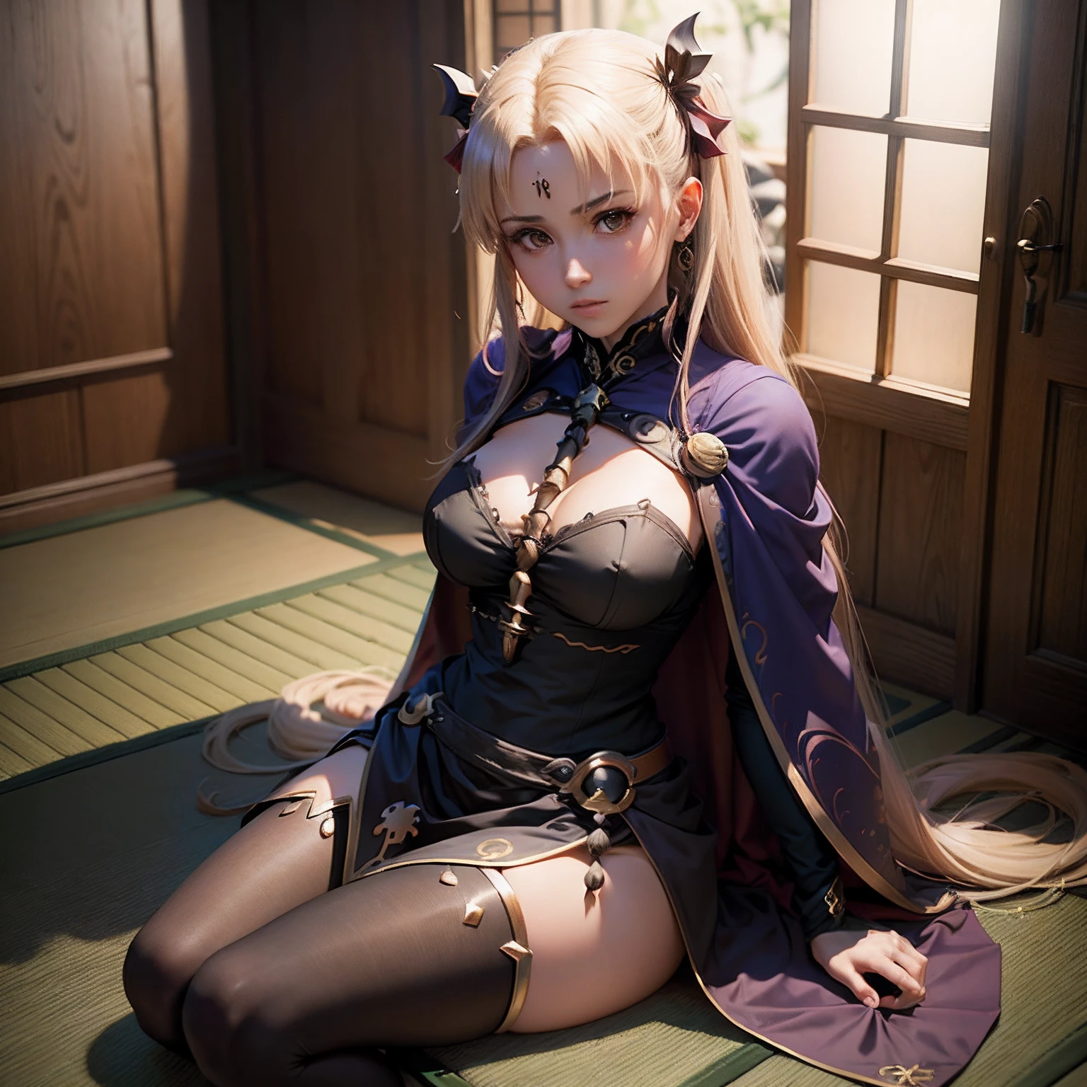 (garota hiper realista:1.2), ((Ereshkigal de 18 anos)), (Fate series), ((fate)), corpo inteiro, single body, olhando para frente, sitting on ground, (coxas internas expostas), joelhos dobrados, ((cabelo loiro)), middlebreasts:1.3, Quarto feminino, Traditional Japanese Room, Hiper realista, cinematic lighthing, (octan render), ray tracing