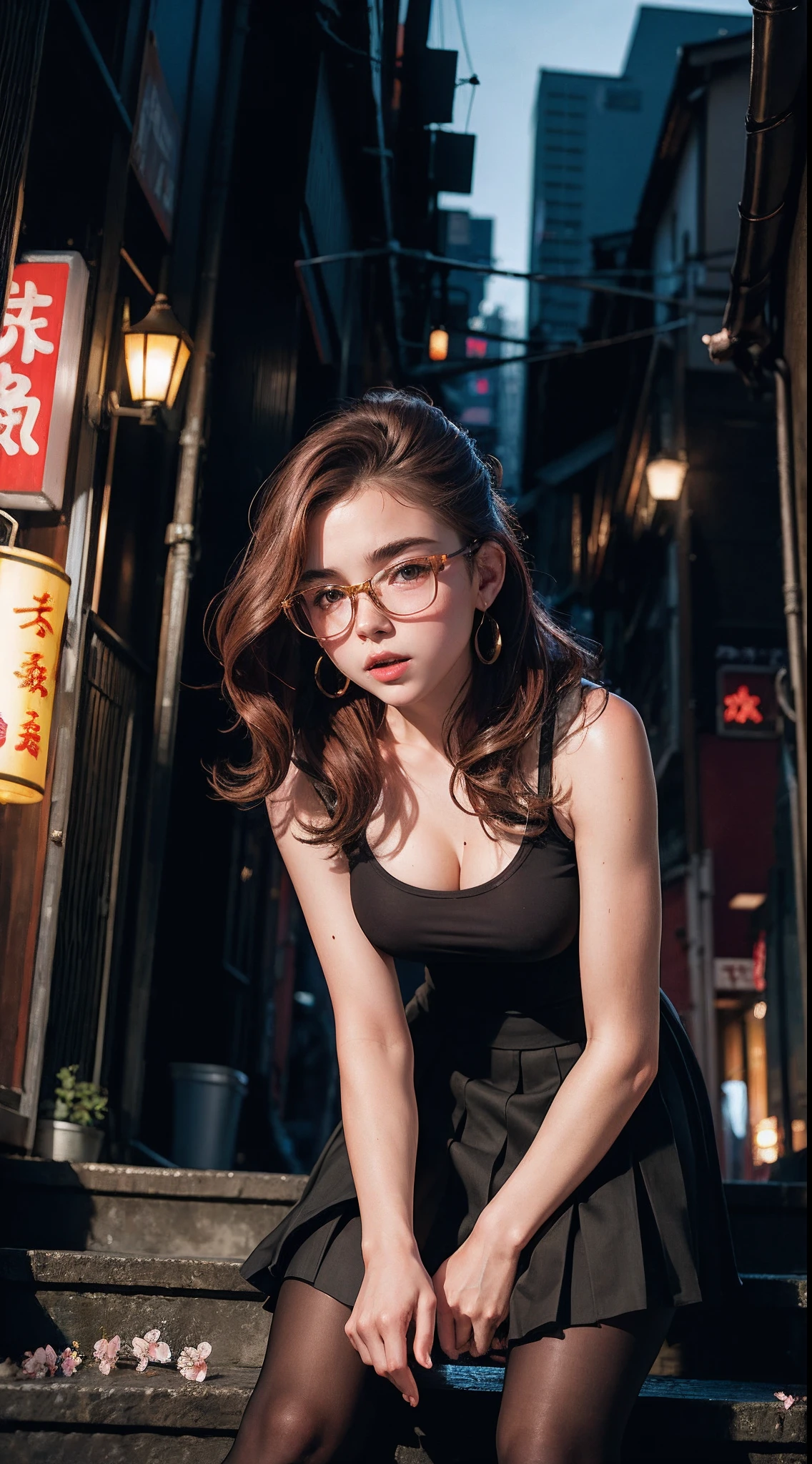 Beautiful young Kiernan Shipka, very realistic detailed face, , very fair skin, glasses, large earrings, shirt, cleavage, breast cleavage, pleated skirt, dark leggings, morning sun, hyperrealistic, model body, small breasts, long hair, wavy hair, red hair tips, long legs, 8k, 超High resolution, best quality, city in Japan, Tokyo, RAW portrait, photorealistic, cherry blossom, ambient lighting, detailed shadows, camera focus on genitalia, leaning forward, man grabbing girl, strong wind, fog, on stairs, low camera facing up