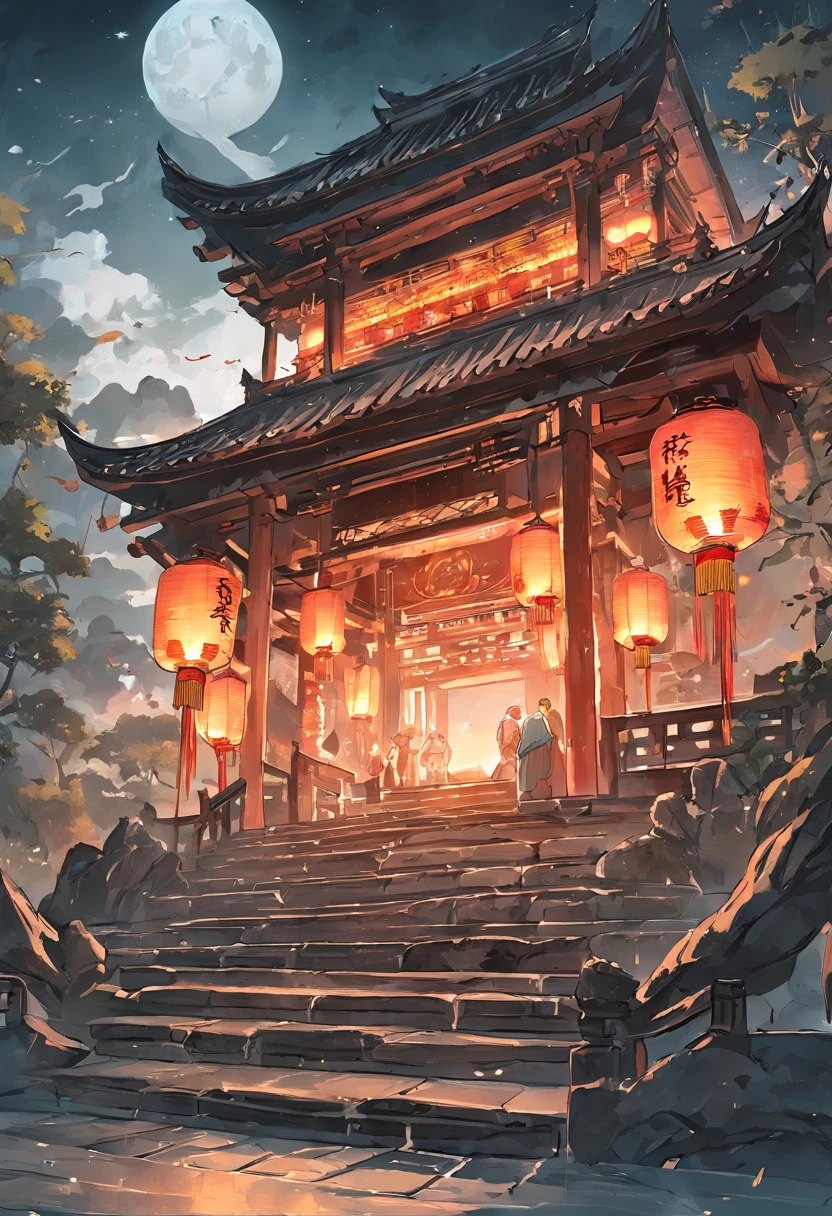 Ultra-realistic details of Kong Ming lanterns,Kongming Lantern,Bamboo lanterns,the night,themoon,game scenes,Ancient Chinese palaces are located above the clouds,surrounded by cloud,Homem-Imponente,glazed tiles,BUDDHA STATUE,gorgeous color,In the foreground are three arches((Color ink)),( (Splash ink ) ), ((Splash ink) ink})), tmasterpiece,high qulity,Beautiful graphics,high detal