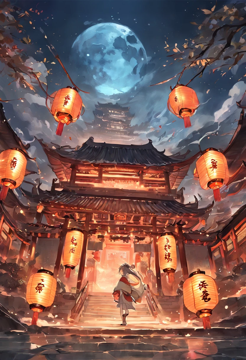 Ultra-realistic details of Kong Ming lanterns,Kongming Lantern,Bamboo lanterns,the night,themoon,game scenes,Ancient Chinese palaces are located above the clouds,surrounded by cloud,Homem-Imponente,glazed tiles,BUDDHA STATUE,gorgeous color,In the foreground are three arches((Color ink)),( (Splash ink ) ), ((Splash ink) ink})), tmasterpiece,high qulity,Beautiful graphics,high detal
