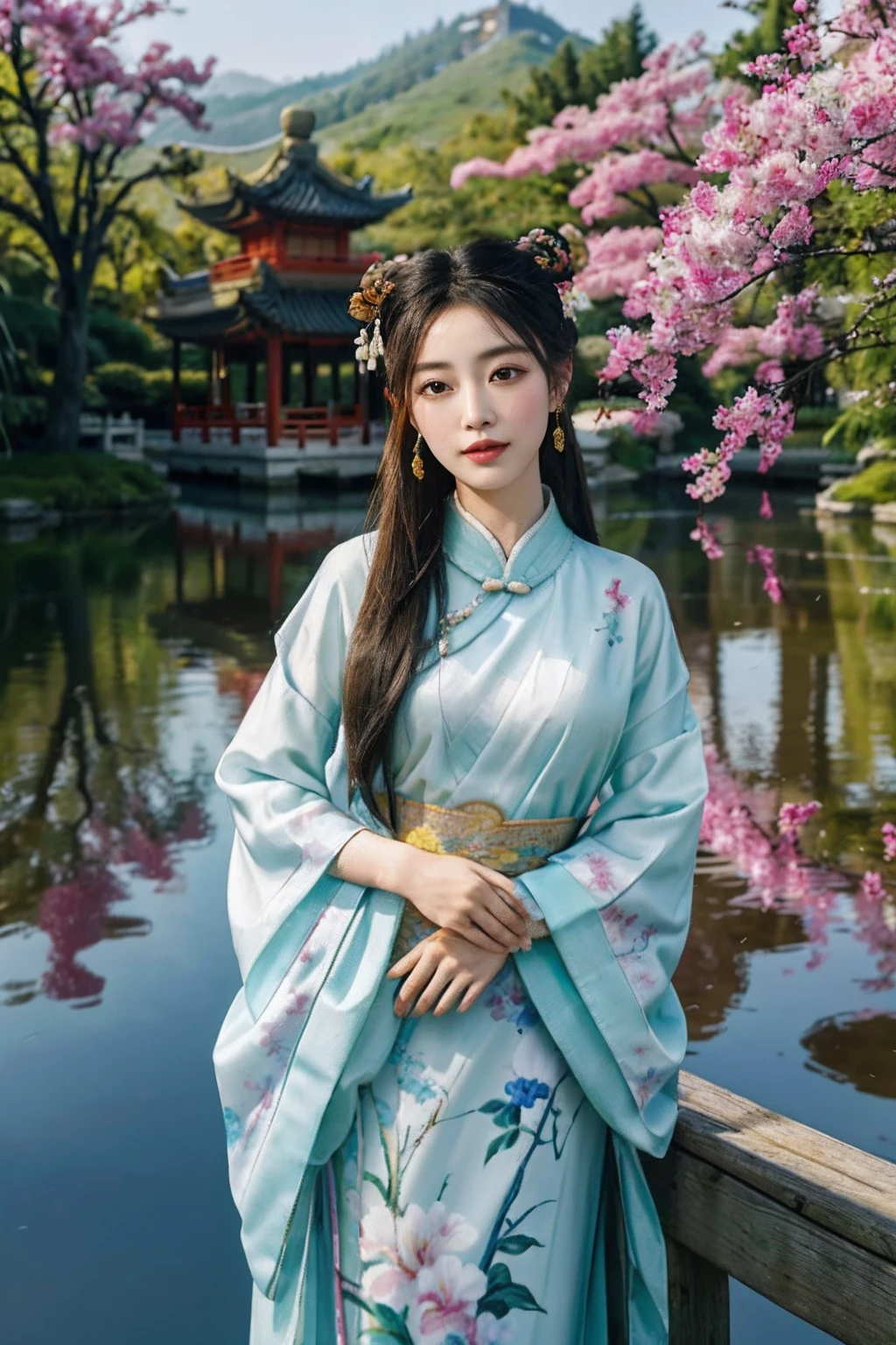 An ancient Chinese beauty standing by the river,中景 the scene is,((face focus,Chinese hair dun)),Wear ancient Chinese clothing,Flowing tulle silk,(Detailed and perfect facial details),(Beautiful and affectionate eyes),Flowing silky hair,Pavilion,the trees,Flying birds,The vista is mountains,Ink painting style,Clean colors,Decisive cut,Leave white space,impressionistic,tmasterpiece,(8k wallpaper),(Extremely meticulous and perfectly detailed painting),Epic composition,high high quality,HighestQuali,Master works of painting,realisticlying,Inspired by:《Suzhou Garden》,Ray rendition
