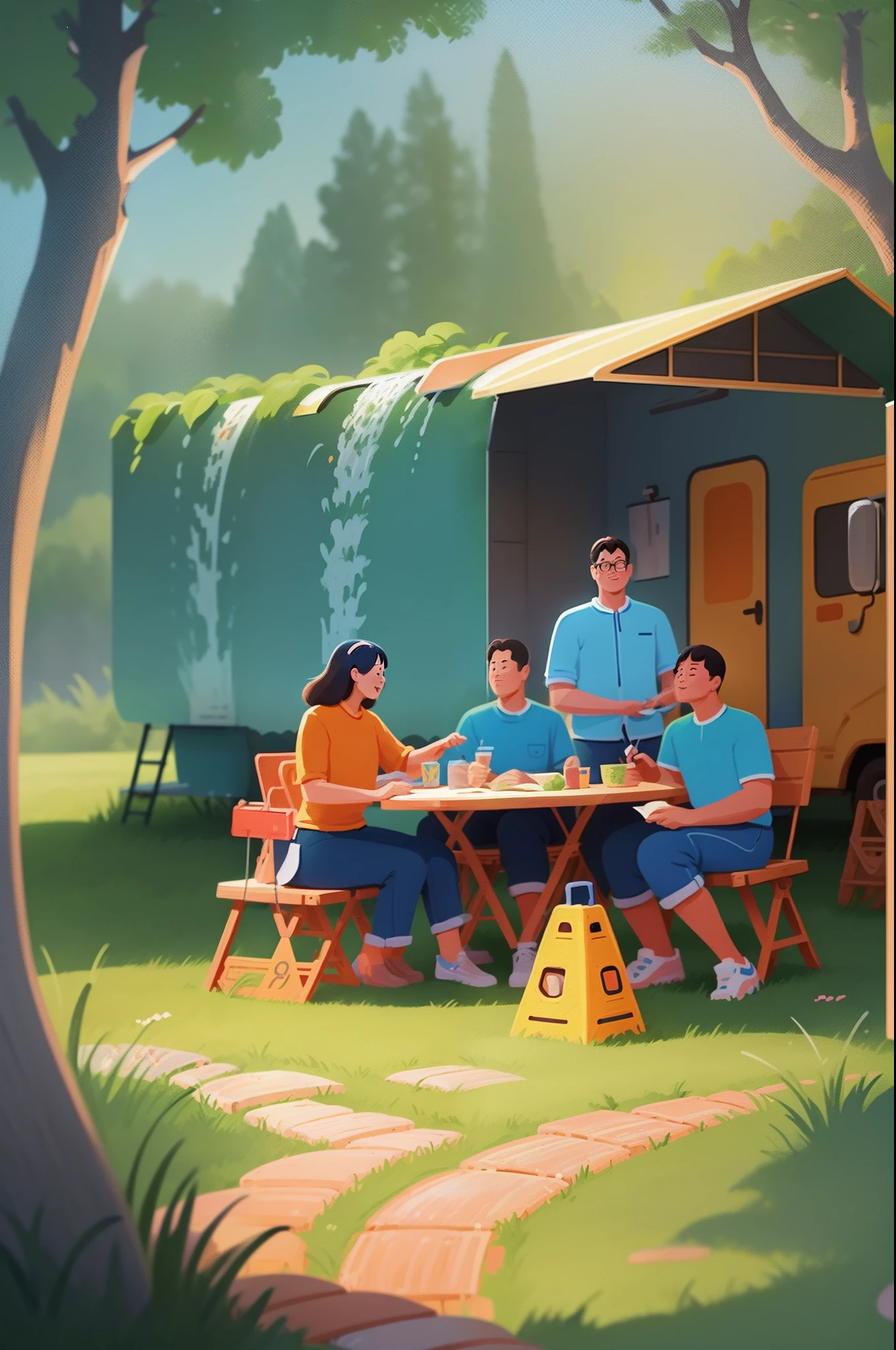 There is a poster，Above is a family picnic in the fields, Chiba Yuda, camping，tenten，Middle Metaverse, trending on cgstation, exciting illustration, author：Qu Leilei, poster for, 🚿🗝📝, Poster illustration, by Ni Yuanlu, illustration], author：Cheng Jiasui