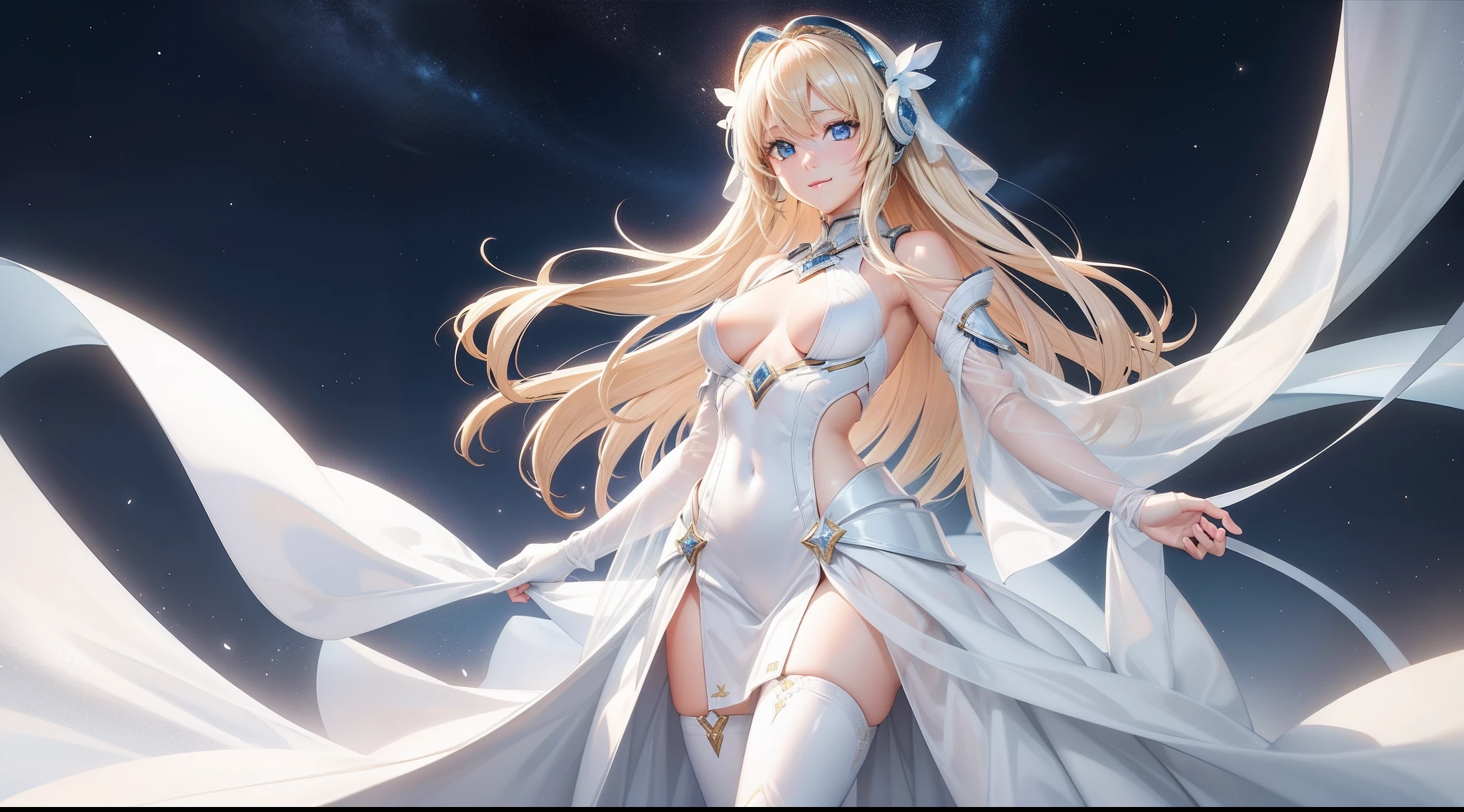 SFArt Works、Photorealistic images、Neat beautiful girl with blonde hair and blue eyes、Relaxed smile、Made of shiny white ultra-thin vinyl covering the whole bodySFIdol Costumes、Fits perfectly to the body、You can see through your bare skin、((Most of the chest is exposed))、See-through flared skirt、Beautiful body lines、headset on head、Floating stages in outer space、Stargate Open