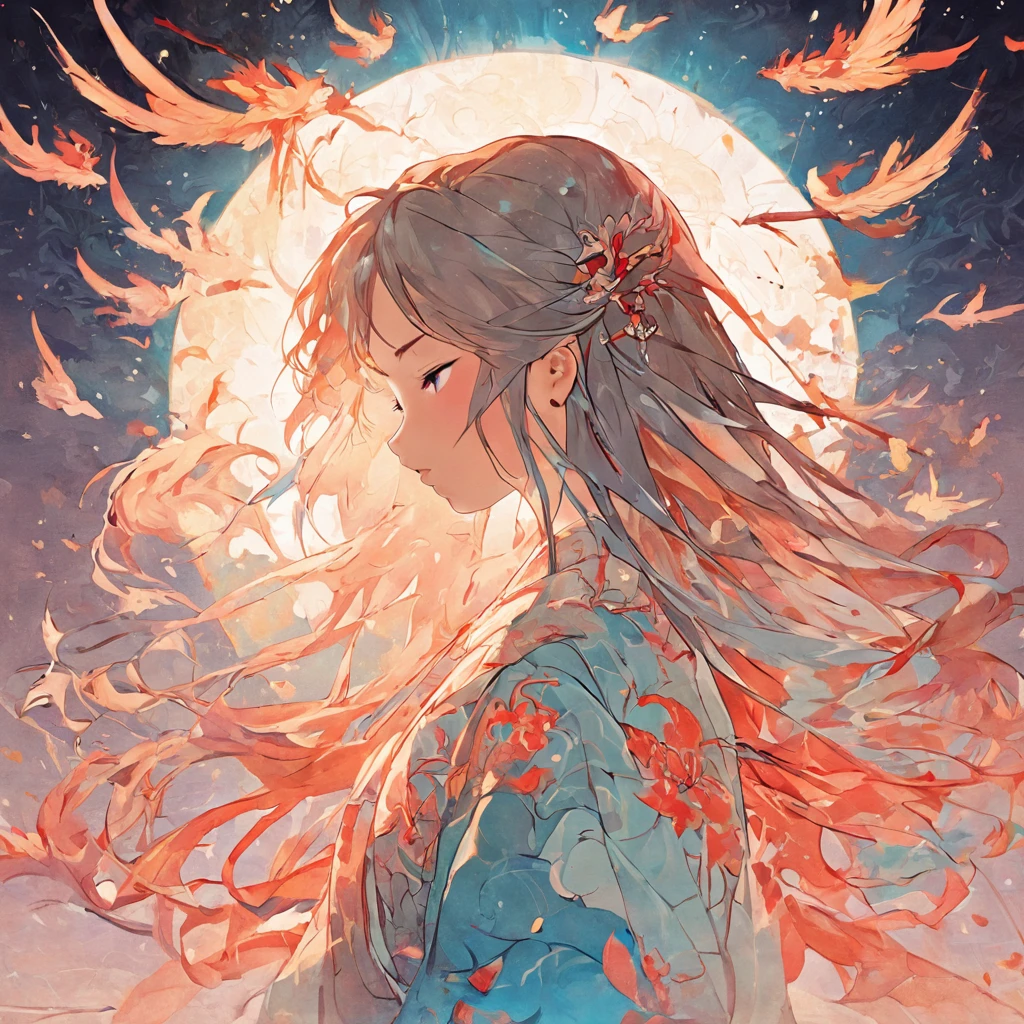 (White background:1.4),(Silhouette of a girl's head, Eyes closed, colorfull long hair, Oriental elements)，(Chinese illustration:1.3，paper art:1.3, Quilted paper art:1.2),( reasonable design, Clear lines, High sharpness,Best quality, Very detailed, Masterpiece, movie light effect, 4K )