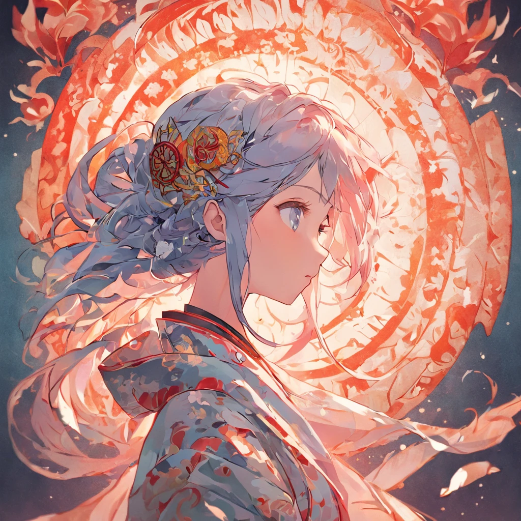 (White background:1.4),(Silhouette of a girl's head, Eyes closed, colorfull long hair, Oriental elements)，(Chinese illustration:1.3，paper art:1.3, Quilted paper art:1.2),( reasonable design, Clear lines, High sharpness,Best quality, Very detailed, Masterpiece, movie light effect, 4K )