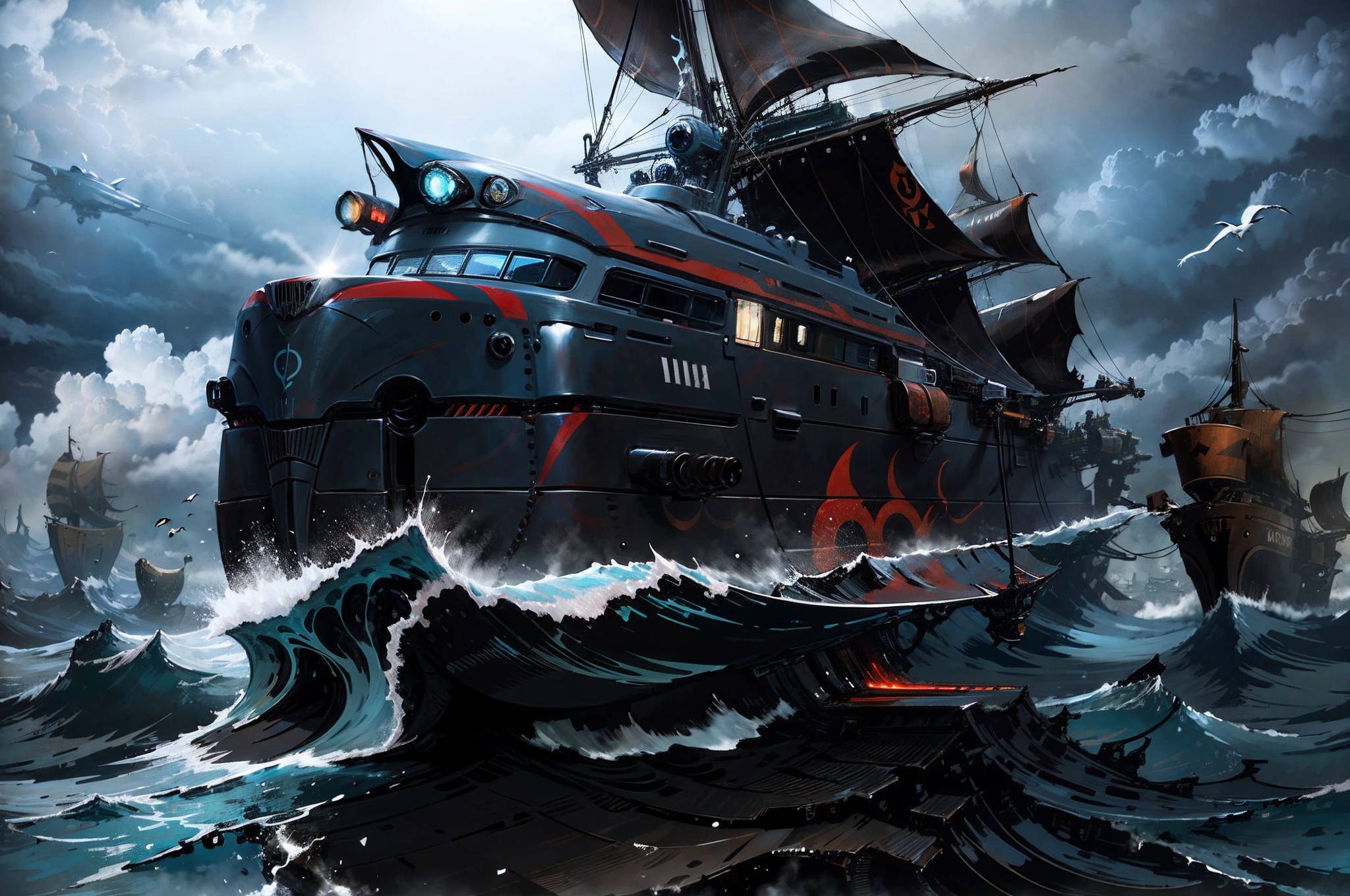 Superyacht shaped like a shark，Huge black sails and red and black hulls fly between clouds and seagulls, In the rough sea，The huge waves tried to grab the boat，Yachts are like sharks，Dark clouds are thick and heavy rain is coming，Cyberpunk yachts，sense of science and technology，Yacht spaceship，The yacht is about to leave the sea and fly in the sky