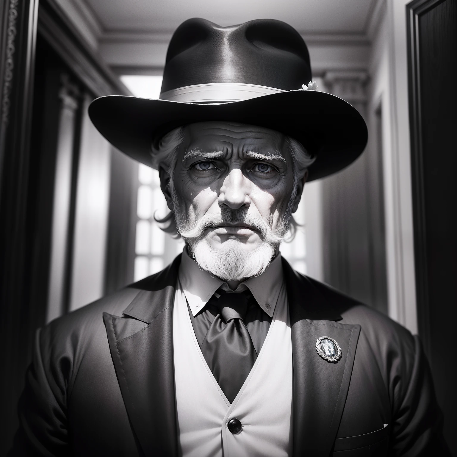 Uma antiga fotografia em preto e branco de 1900 mostra um presidente oligarca de 50 anos de terno e gravata e chapeu fedora, gray hair and small beard coming out of the aftermath of the expulsion from the neoclassical presidential palace by revolutionary soldiers.