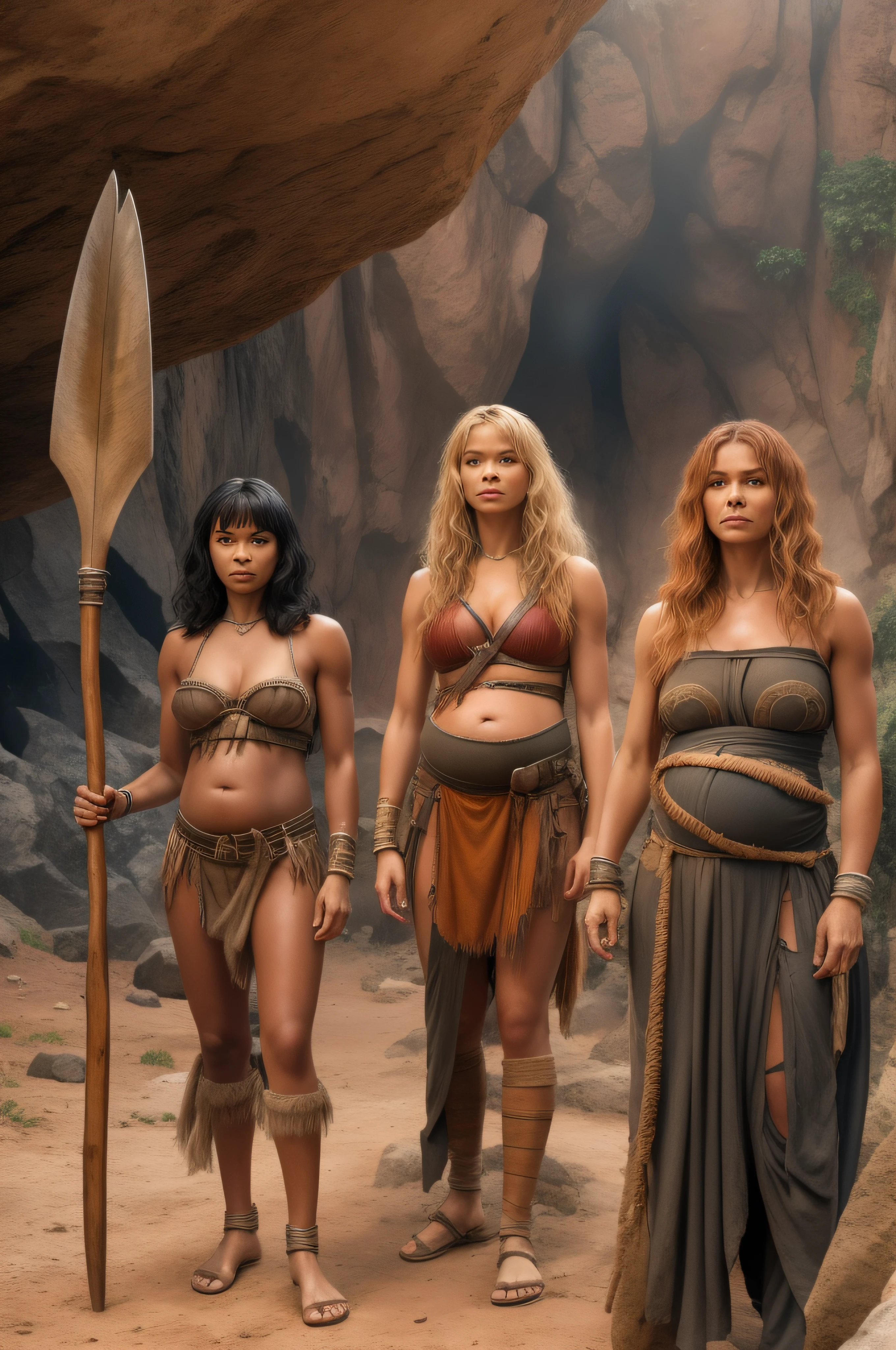 Black-haired Zendaya, red-haired Michelle Pfeiffer, and blonde-haired Jennifer Lawrence are three Amazonian women, all tanned slim beautiful prehistoric women, with large breasts, dressed half-naked in small short loincloths from 10000000 years ago. They stand, armed with a wooden spear, outside in front of the cave in which they live. The cave is sealed with skins. They stand ready to defend themselves.