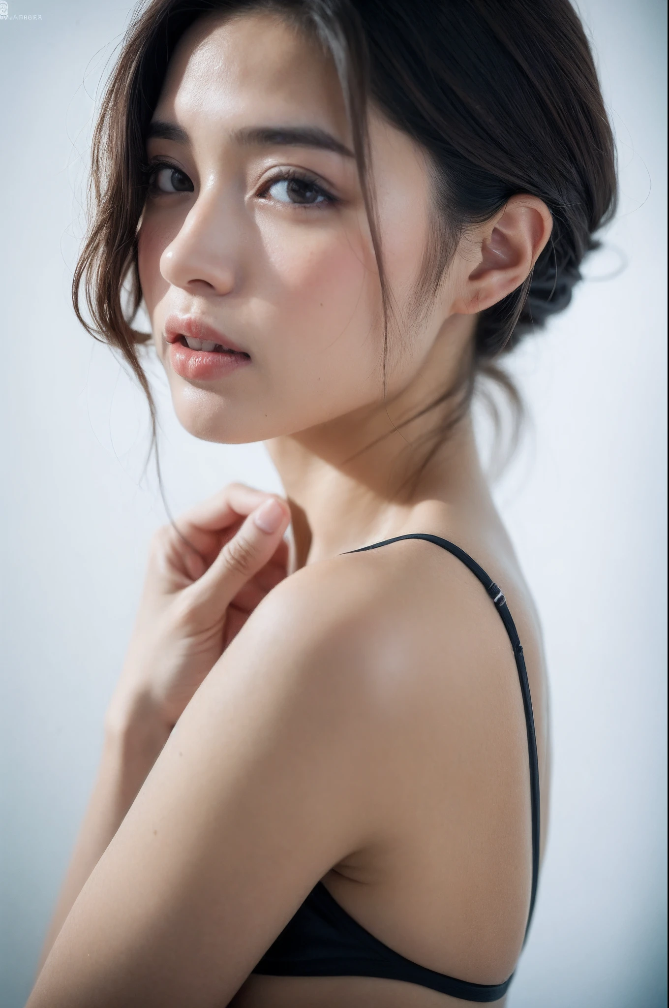 ((Best quality, 8k, Masterpiece :1.3)), 1girl, side shot :1.2, beautiful Burmese woman with slender abs: 1.3, (casual hairstyle, small breasts: 1.2), black bikini, indoor, super detailed face, detailed eyes, double eyelids, whole body ( neon background) , model photoshoot , ( sexy eyes ) ( 16k , real girl )