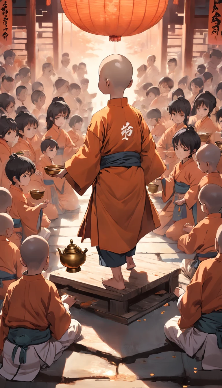 Bald Shaolin Child, en medio de un templo, The boy is seen serving tea on a tray that he carries to the other monks.,