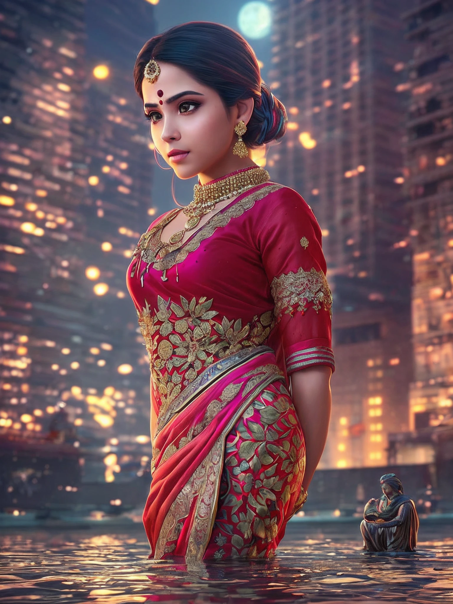A beautiful indian woman dressed in indian design clothes, standing on a wet surface ground,  with indian designed sculptures in the background with the moonlight and night sky full of stars, indian designed instruments in the scene, with iridescent light, highly detailed images, vibrant beautiful colours, hyperrealistic image, 32k, ultra HD, unreal engine rendered, cinematic lighting, artgerm style, deviantart masterpiece --auto --s2