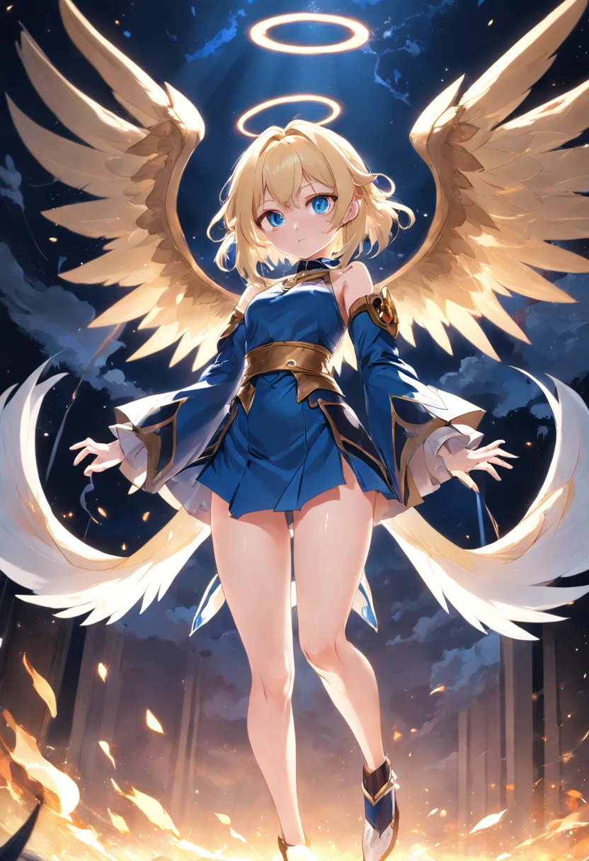 japanese anime style。illustratio。Dark Fantasy。White feathers。girl with。a blond。undergarment。impressive background。battle field。Colossal tits。pubick hair。a miniskirt。A little angry。all-fours。