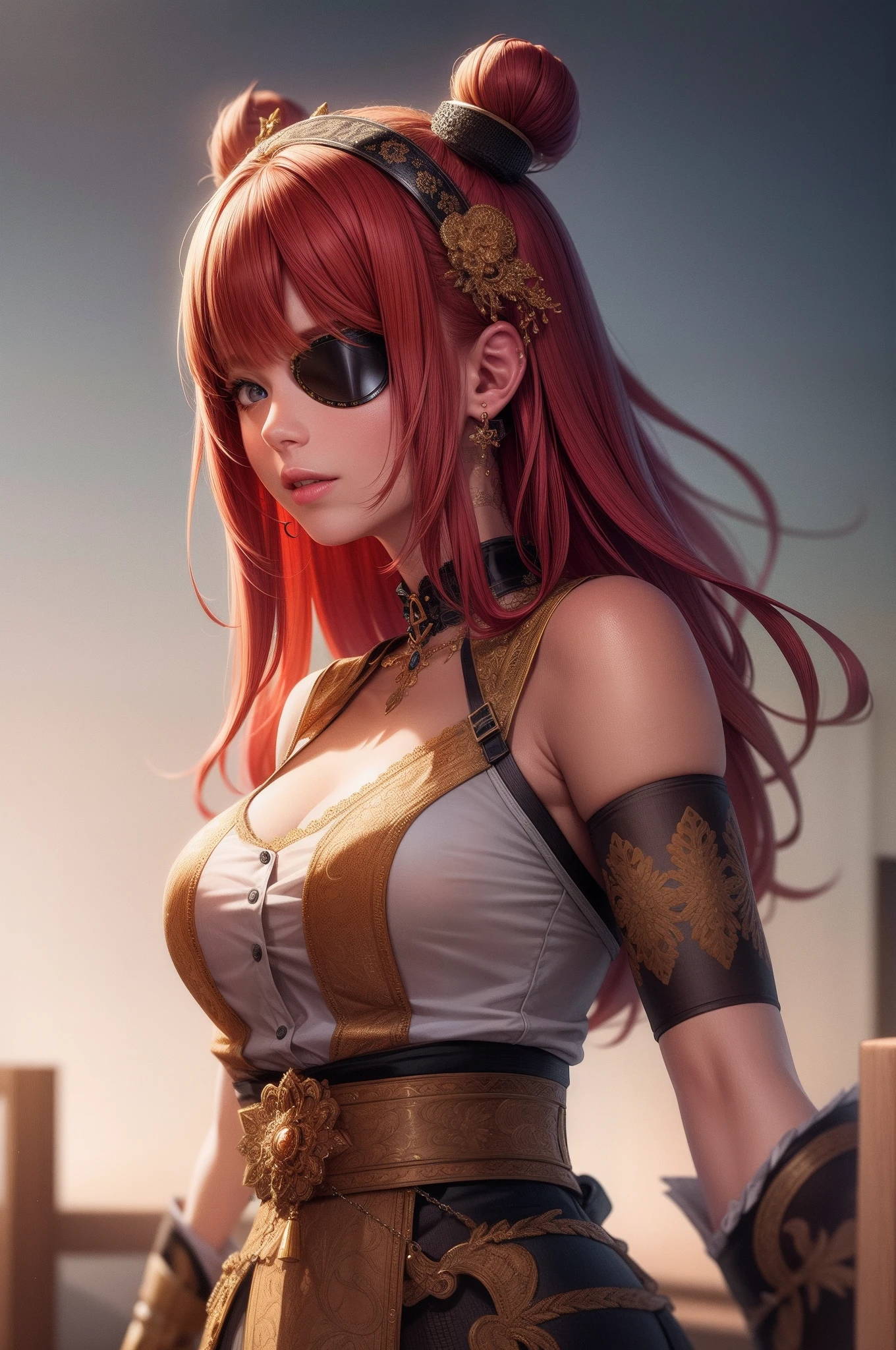 perfect eyes:1.2, detailed eyes:1.4, long hair, red hair, sexy, 1girl, samurai clothes, black inner hair, eyepatch, Ultra-realistic 8K CG, ((ultra-detailed background, delicate pattern, intricate details)), best quality, intricate details, 1girl, solo, (masterpiece:1.6, best quality), (masterpiece, best quality:1.2), 8k, insane details, intricate details, hyperdetailed, hyper quality, high detail, ultra detailed, professional, HDR, realistic, ray tracing reflection, cinematic lighting, ornate,