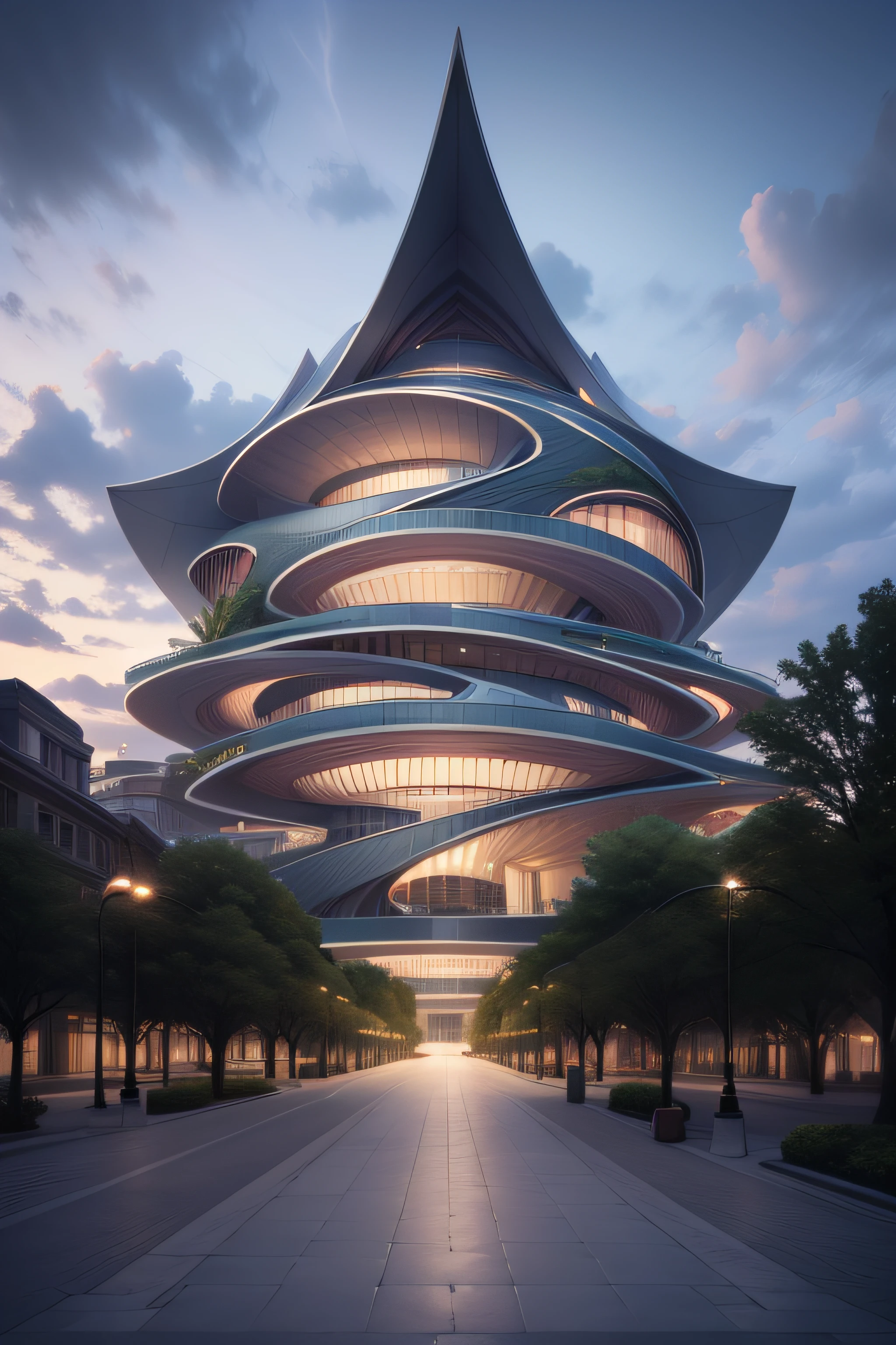 Large futuristic building in the shape of a TULIP, inspiration Zaha Hadidi, Muito vidro e LED Ilumination. jardins suspenso. cinematic picture, scientific fiction. 8k