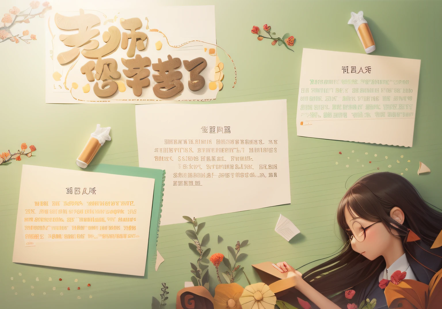 The left part of the hand-copied newspaper is a large red heart,It says "Happy Teacher's Day",In the center of the heart is a portrait of a teacher,The teacher's smile,The eyes are full of warmth and love。
In the middle of the handwritten newspaper is a thank-you note,The title is "Gratitude to Our Teachers"。The letter reads:"Dear teacher,You are our gardener,Water our growth with hard work。You are our guide,Light up our future with the spark of wisdom。On this special day,I want to say something to you,Thank you!”
The right part of the hand-copied newspaper is a painting depicting scenes of school life。The painting depicts a teacher giving a lecture to his classmates,The students listened attentively,Between classes, they play happily on the playground。This section is also accompanied by a paragraph of text:"Our journey to growth is full of joy because of you,It's better because of you。On this special day,Let's say a word out loud to you:Thank you,Big breasts teacher!”
The whole hand-copied newspaper is warm、Happy colors are dominant,Full of gratitude to the teacher,It reflects the celebration of Teachers' Day and the respect and gratitude of teachers。
