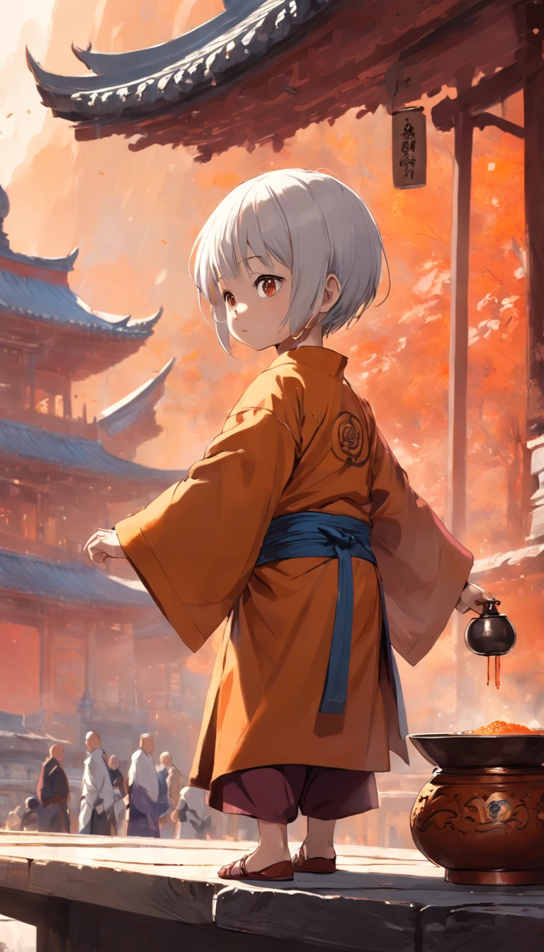 Bald Shaolin Child, en medio de un templo, The child is observed serving tea on a tray that he carries,a los demas monjes, los otros monjes son adultos