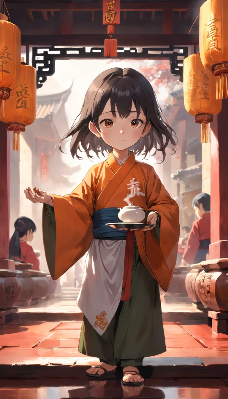 Bald Shaolin Child, en medio de un templo, The child is observed serving tea on a tray that he carries,a los demas monjes, los otros monjes son adultos