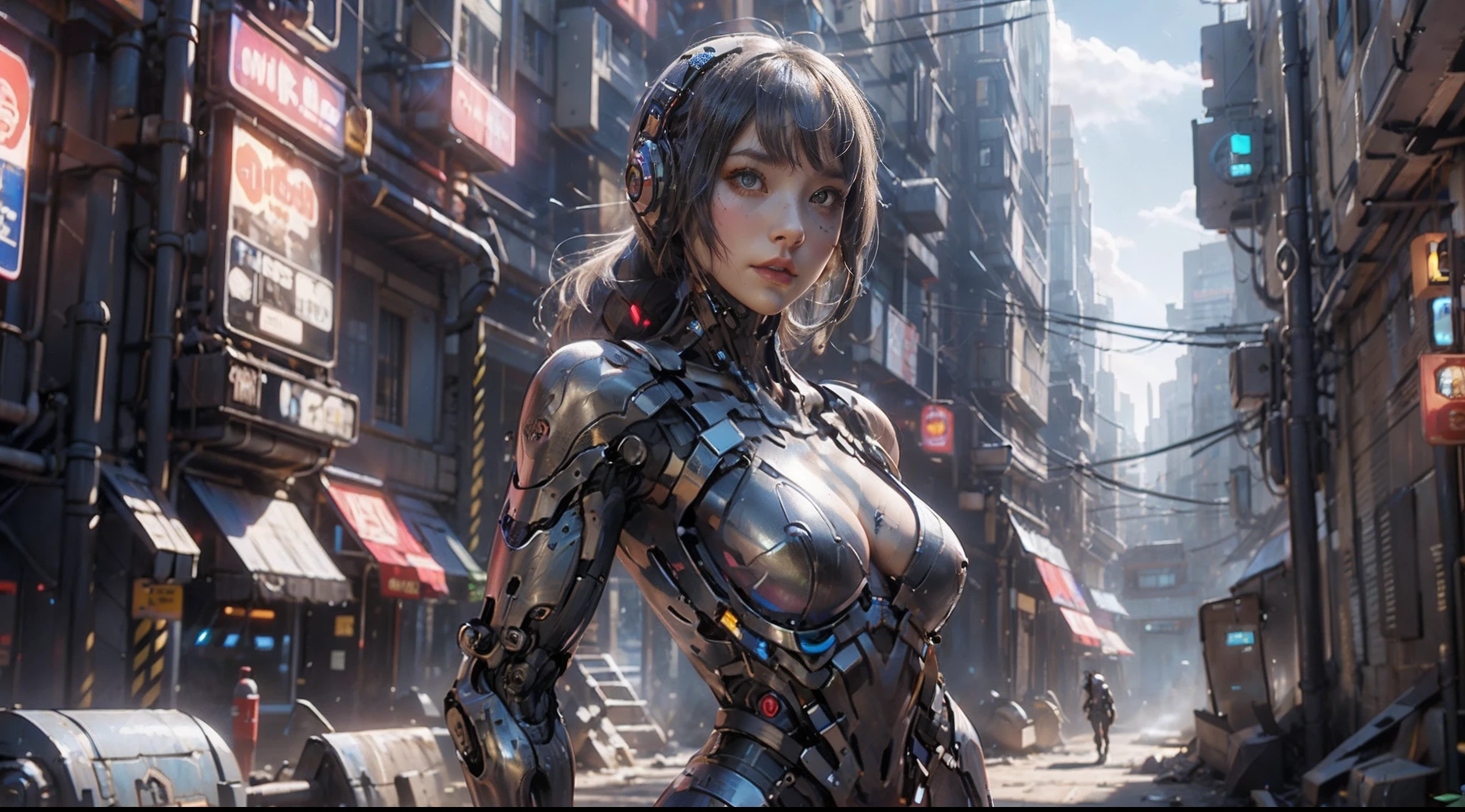 Girl in futuristic suit holding weapon,In front of the city of gunsmoke,Gunsmoke streets,battlefiled, Real women,Real face,cute female child, The perfect cyborg girl, Beautiful female ,beautiful girl cyborg,silber hair,Large breasts,CG,4K,the night,cyber punk perssonage