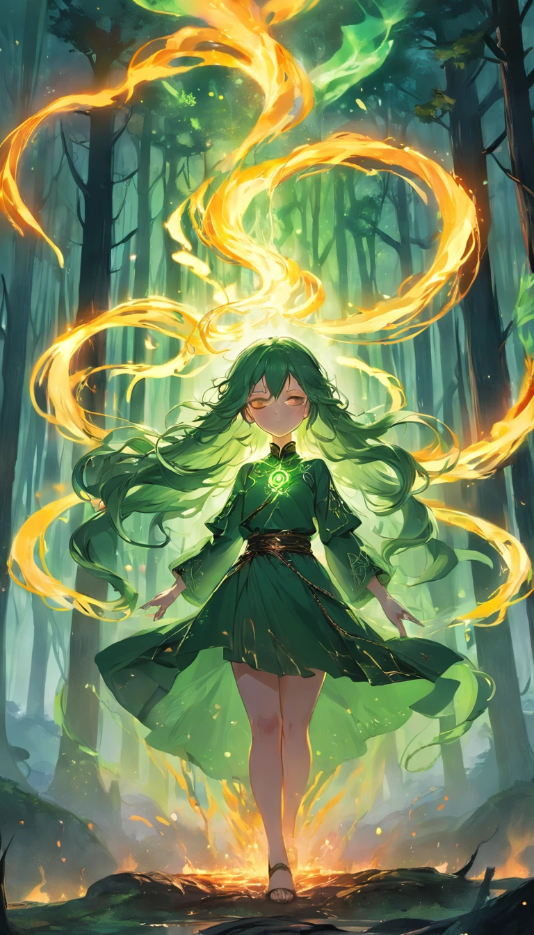 In the good old forest, The essence of magic is shaped through young girls, Her hair is dark as a shadow、I closed her eyes and let the golden flame shine. A mysterious mark adorns the neck, Glitter with potential power. Within liquidation, She stands engulfed in a torrent of flame chains, The heat of the green fire was tempered by otherworldly energies. A magic fire swirled、Like dancing, It evokes a swirling dance of luminescent particles, Each is a fragment of her ethereal aura. Inexplicable symbols materialize in the air, Her incantation casting glow casts an eerie green light on her intense focus. The scene exudes a sense of ancient power and hidden knowledge, As if the forest itself lives in a long-forgotten secret. The mood is one of gentle intensity, A place where the balance of nature and magic intertwines. Illustration style is、Capture this mysterious aura with meticulous digital artistry, Combination of complex lineart and vivid color palette. --ar 16:9 - V5