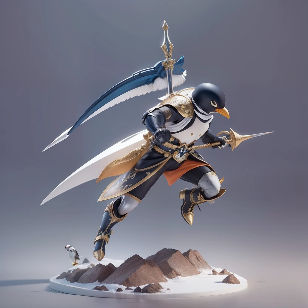 penguin fighter, holding lance, battle stance, detailed, masterpiece, fantasy