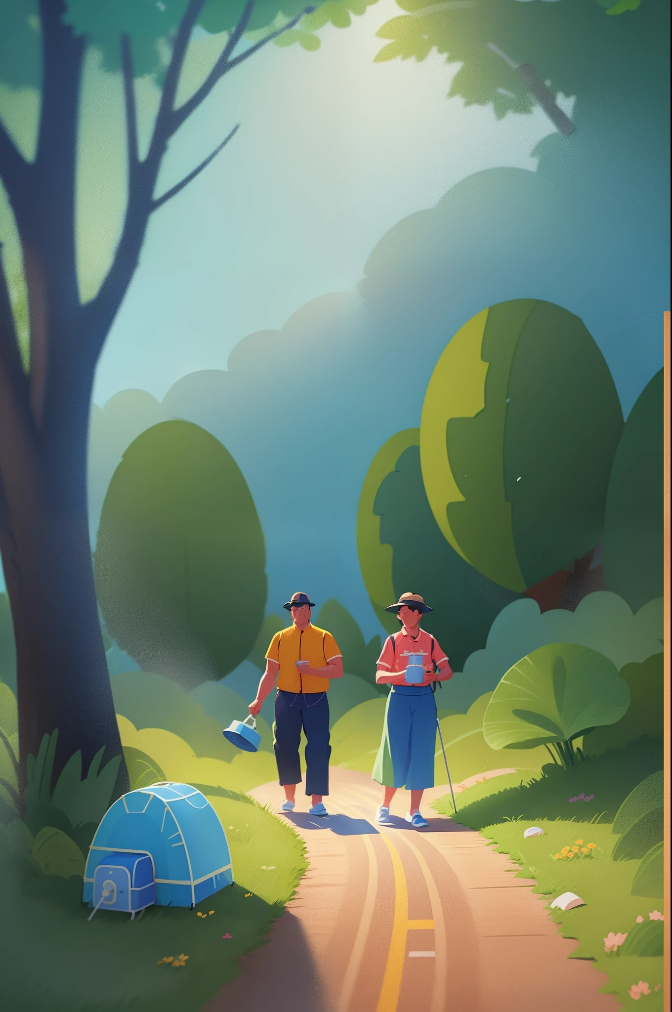 There is a poster，Above is a family picnic in the fields, Chiba Yuda, camping，tenten，Middle Metaverse, trending on cgstation, exciting illustration, author：Qu Leilei, poster for, 🚿🗝📝, Poster illustration, by Ni Yuanlu, illustration], author：Cheng Jiasui