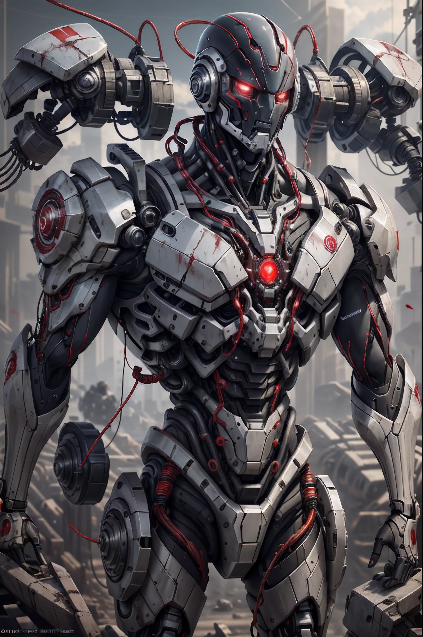 1 mechanical man, ((detalhes super realistas)), retrato, global ilumination, Sombras, octane rendering, 8k, super sharp, Metal, complexa, ornamental detalhada, cores frias, Egyptian details, detalhes altamente complexos, luz realista, CGsociety trends, olhos brilhantes, facing camera, Neon details, machanical limbs, blood vessels attached to tubes, mechanical vertebrae attached to the back, Mechanical cervical vertebrae attached to the neck, corpo inteiro, wires and cables attached to the head, (meias de calcanhar), (sangue vermelho), (armadura preta), (osso transparente), postura de combate