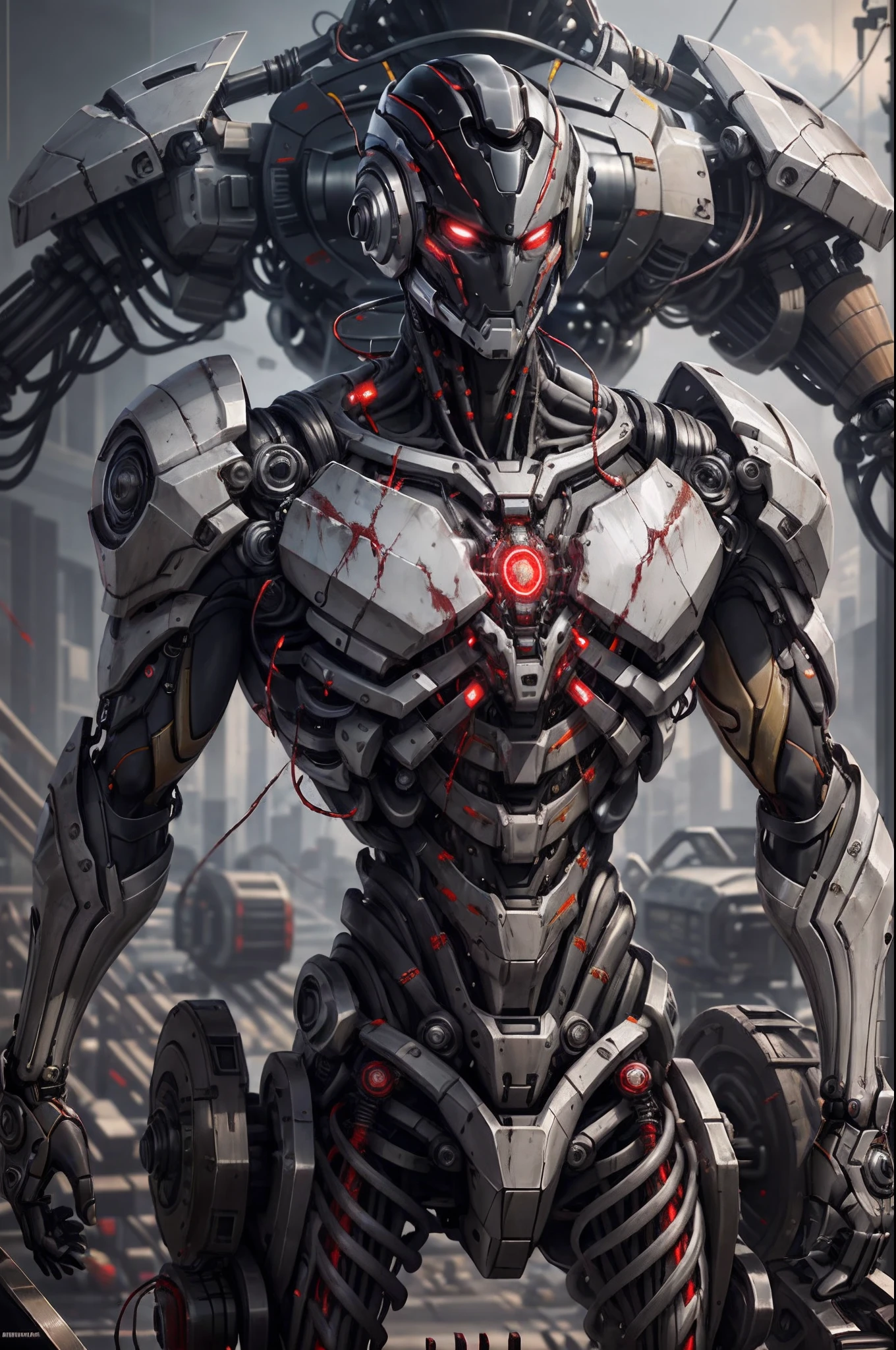 1 mechanical man, ((detalhes super realistas)), retrato, global ilumination, Sombras, octane rendering, 8k, super sharp, Metal, complexa, ornamental detalhada, cores frias, Egyptian details, detalhes altamente complexos, luz realista, CGsociety trends, olhos brilhantes, facing camera, Neon details, machanical limbs, blood vessels attached to tubes, mechanical vertebrae attached to the back, Mechanical cervical vertebrae attached to the neck, corpo inteiro, wires and cables attached to the head, (meias de calcanhar), (sangue vermelho), (armadura preta), (osso transparente), postura de combate