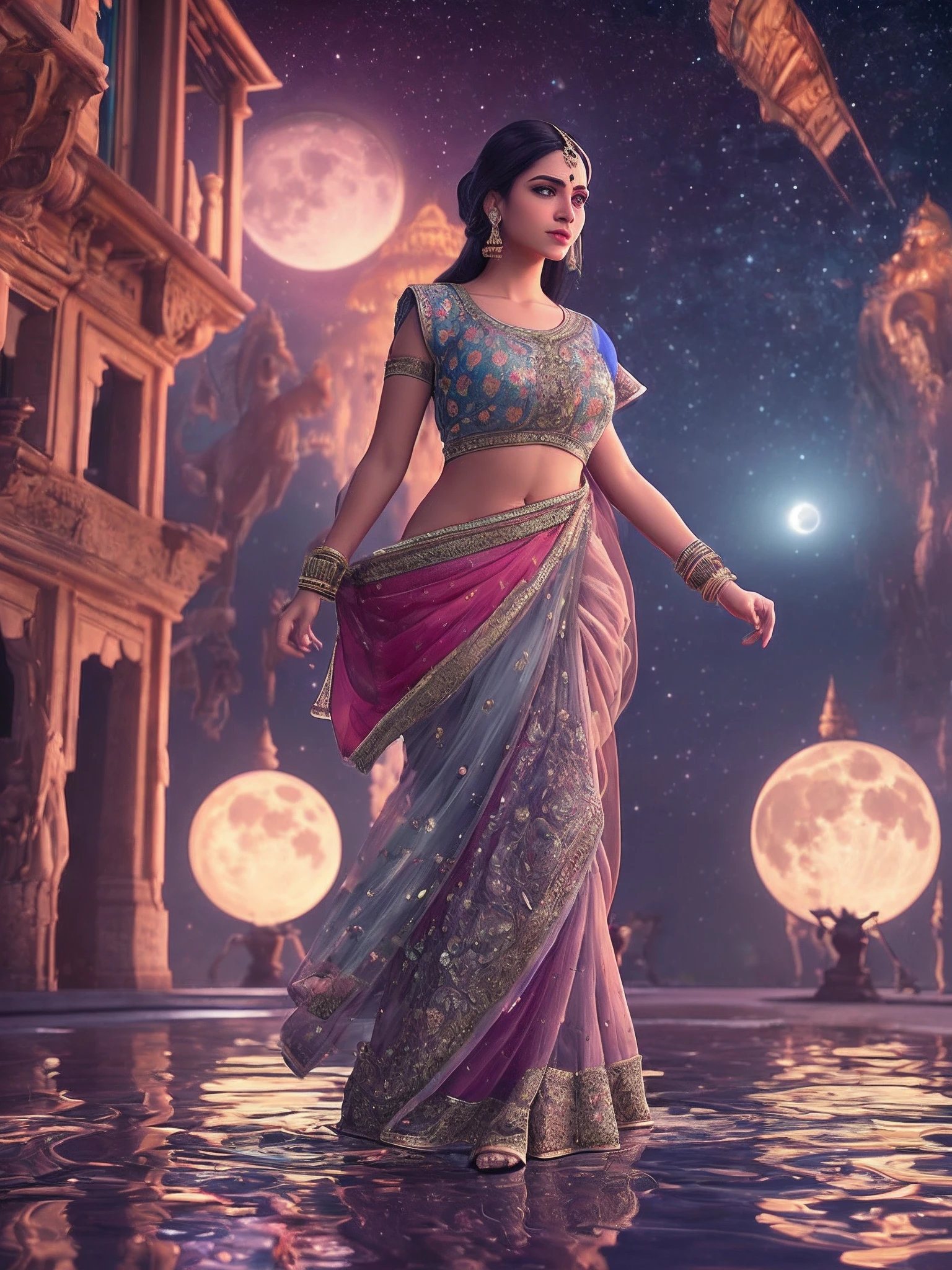 A beautiful indian woman dressed in indian design clothes, standing on a wet surface ground, with indian designed sculptures in the background with the moonlight and night sky full of stars, indian designed instruments in the scene, with iridescent light, highly detailed images, vibrant beautiful colours, hyperrealistic image, 32k, ultra HD, unreal engine rendered, cinematic lighting, artgerm style, deviantart masterpiece --auto --s2