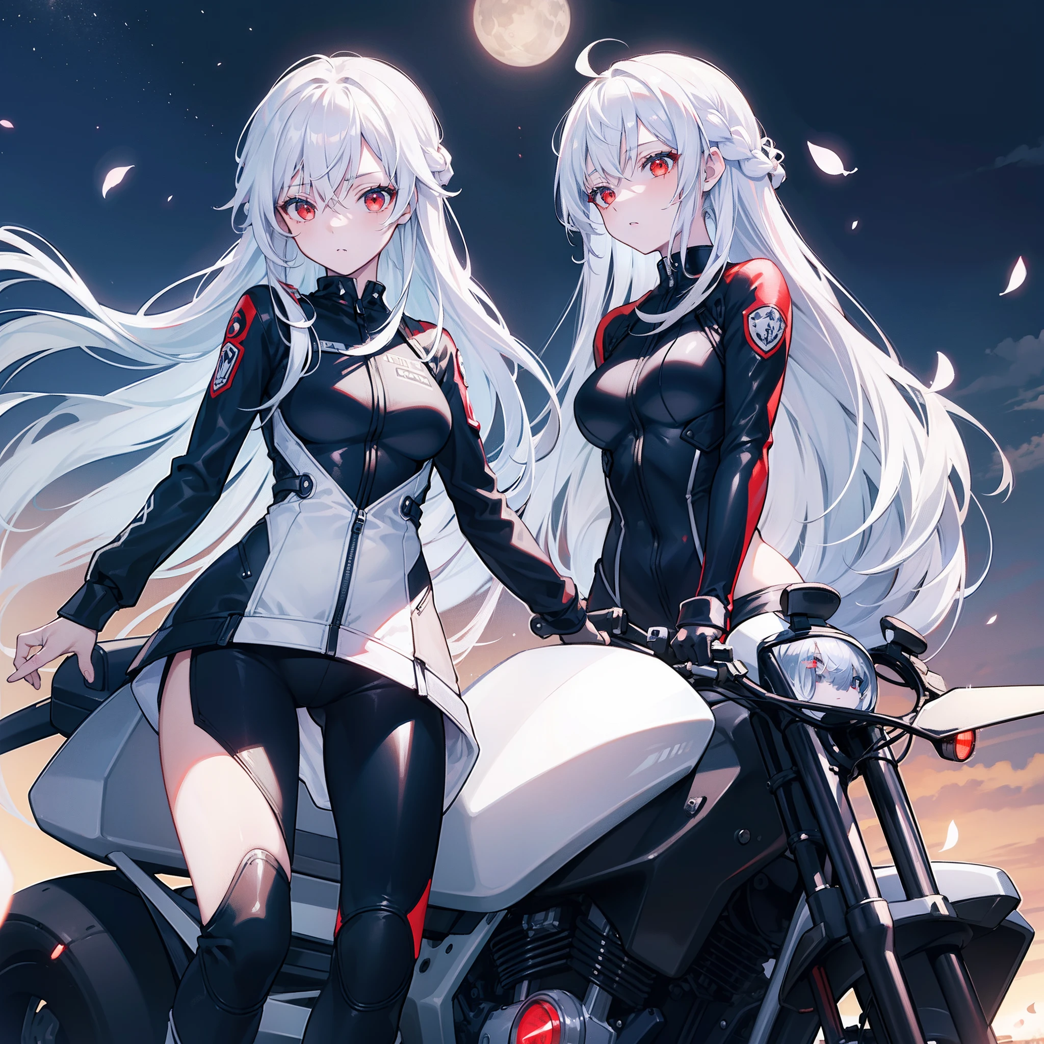 (masterpiece:1.5),(bestquality),highlydetailed,ultra-detailed,1girl,bishoujo,stare,red eyes,beautiful detailed eyes,long hair,white hair,silver_hair,Long hair fluttering in the wind,Wing-like bangs,Dull hair,ahoge,Hair rings,braid,cold,expressionless,tight suit,black glowing tight suit,motorcycle,riding a motorcycle,nighttime