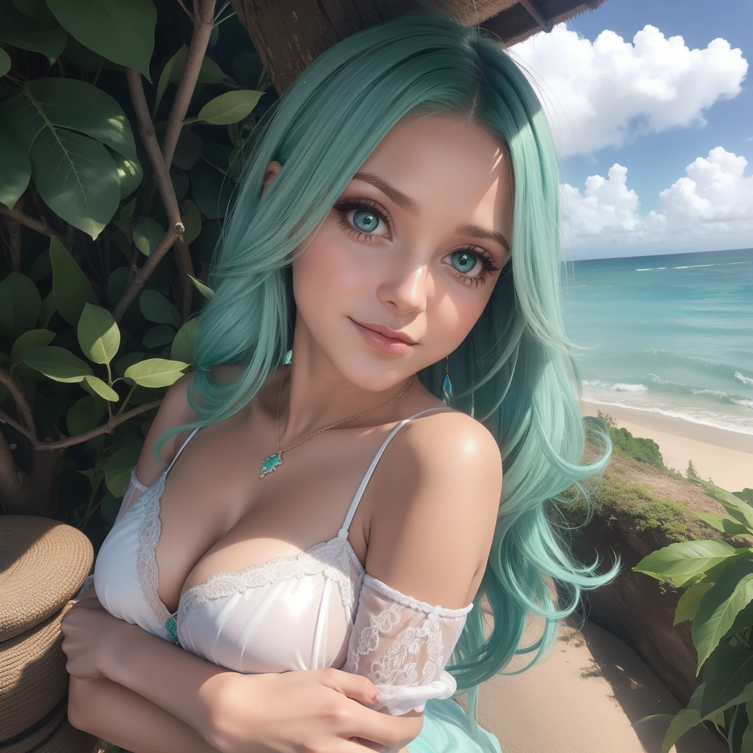 Fey com pele rosa tem quatro olhos pretos e orelhas de peixe e cabelo verde