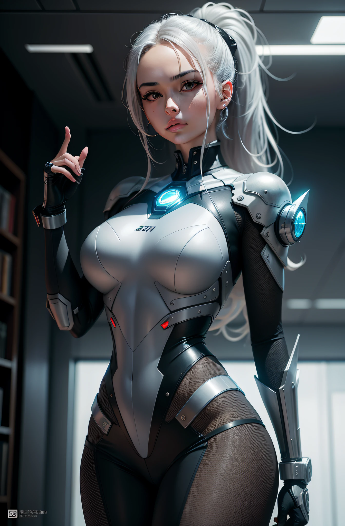 Cultivate futuristic professors,She had to wear a white coat,Attire professors must wear silver cyborg clothing,cyber punk style,She must be a super real and beautiful girl,Coordination of the five senses,Asian people,Be sure to put your raised palms together,It is no different from a real person,The professor is explaining the content,Be sure to raise your right hand,It's like a professor explaining to a student,Make sure you are holding a plank in your left hand,Ultra-realistic pictures, 8K picture quality, Full-HD