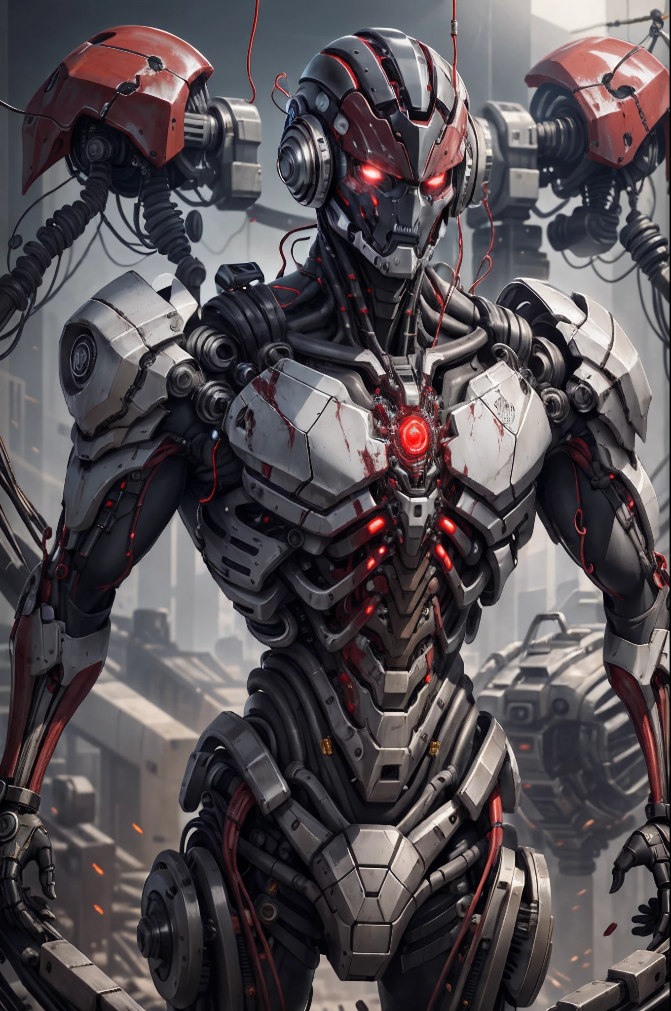 1 mechanical man, ((detalhes super realistas)), retrato, global ilumination, Sombras, octane rendering, 8k, super sharp, Metal, complexa, ornamental detalhada, cores frias, Egyptian details, detalhes altamente complexos, luz realista, CGsociety trends, olhos brilhantes, facing camera, Neon details, machanical limbs, blood vessels attached to tubes, mechanical vertebrae attached to the back, Mechanical cervical vertebrae attached to the neck, corpo inteiro, wires and cables attached to the head, (meias de calcanhar), (sangue vermelho), (armadura preta), (osso transparente), postura de combate