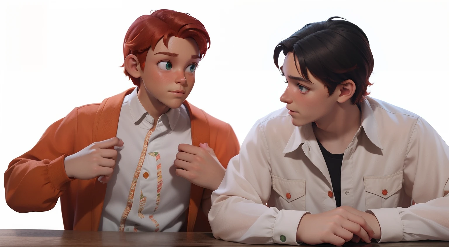 Two characters in the scene, The first character: A little boy with orange hair, Orange dress T-shirt ,Green eyes, And the second character little girl with red hair and red eyes beautiful face,Short bangs, wearing red dresses, red dresses , Talking to each other,White background, The style of Disney Pixar cartoons