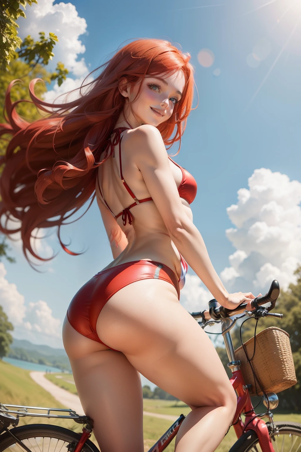 1 girl, red hair, long hair, bikini, sunny day, country side, on a bicycle, one leg down, looking at camera, rear view, smile