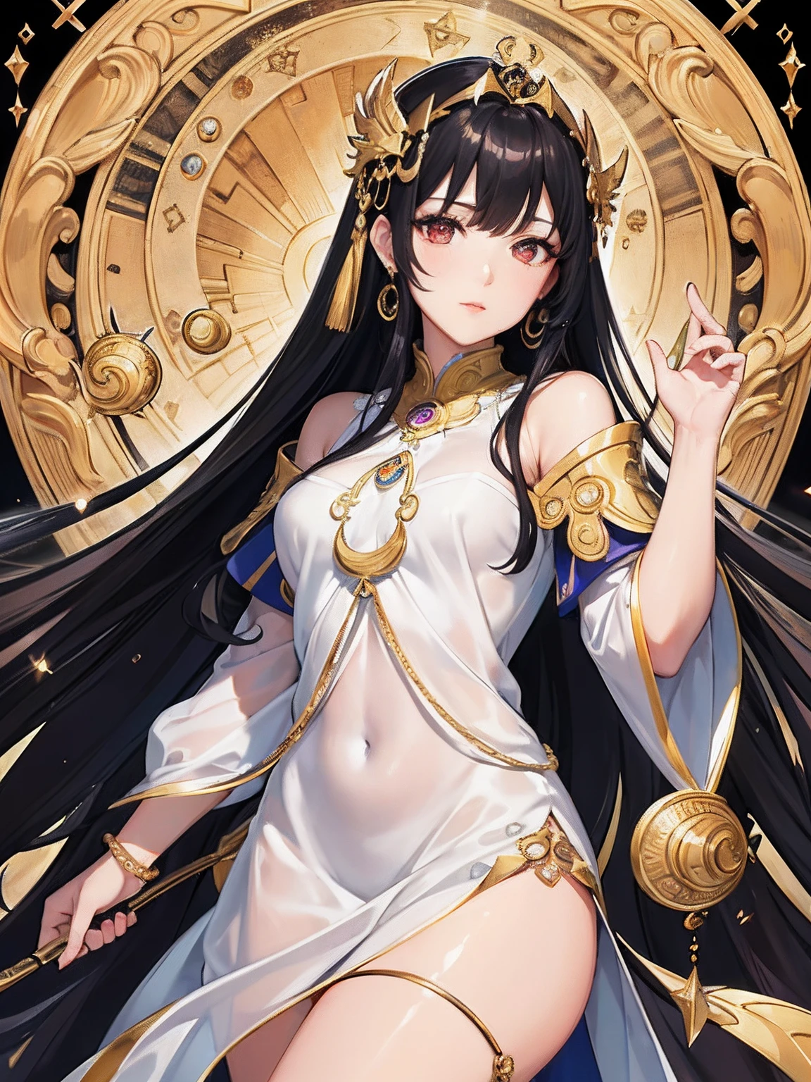 masterpiece、top-quality、hight resolution、High-quality images、8K、1womanl、detaileds、Detailed eye depiction、the detail、skin gloss、Lustrous black hair、colourfull、Long hair、Lisa、portlate、Libra、Goddess of Justice、Crescent、rigor、judgment