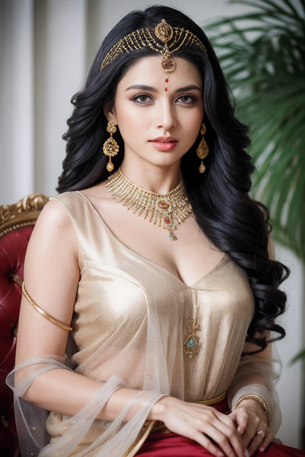 side topless portrait of A confident-looking indian woman princess with long flowing hair, hazel eyes, wearing designer jewellery, designer royal crown, visible c-cup breast sitting on royal garden, palace background, bokeh perfect composition, hyperrealistic, super detailed, 8k, high quality, trending art, trending on artstation, sharp focus, photo shoot, intricate details, highly detailed, art by greg rutkowski