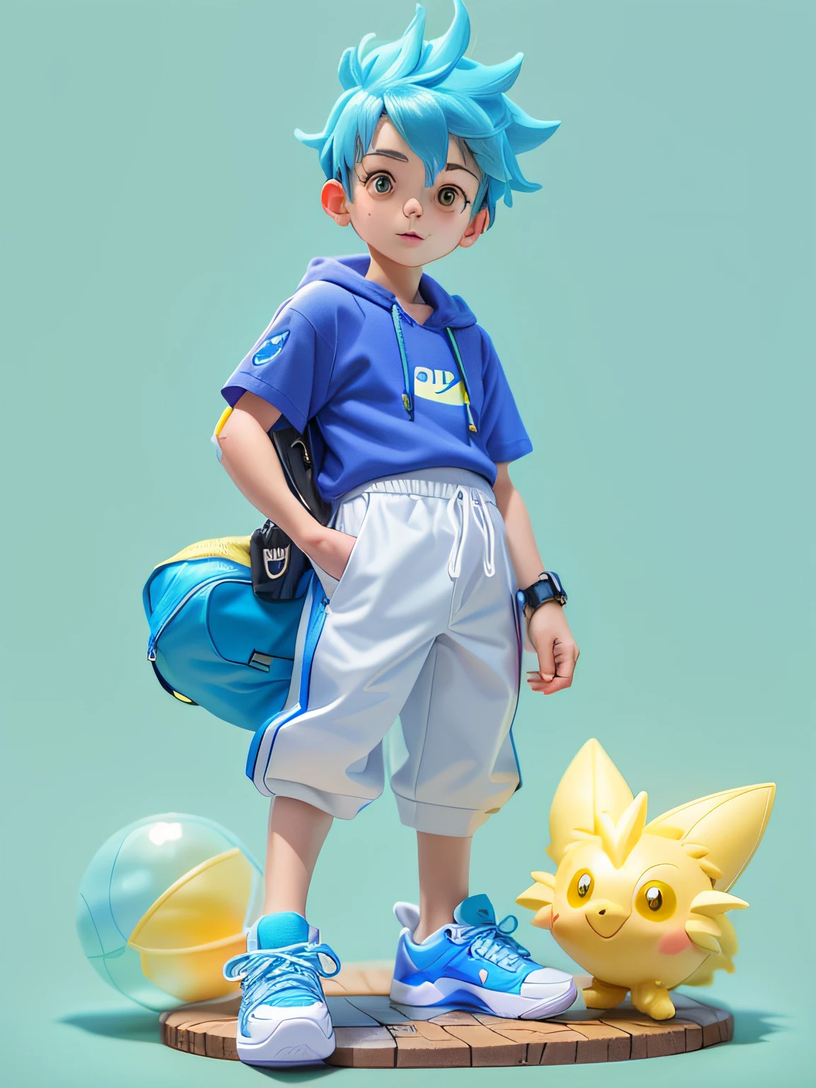 Blind box toy style,a cute little boy,Bubble Mart style,cute face,White Nike Air Force One shoes, Style image of a boy with blue hair and a backpack standing next to a yellow Pokemon, 3d anime style