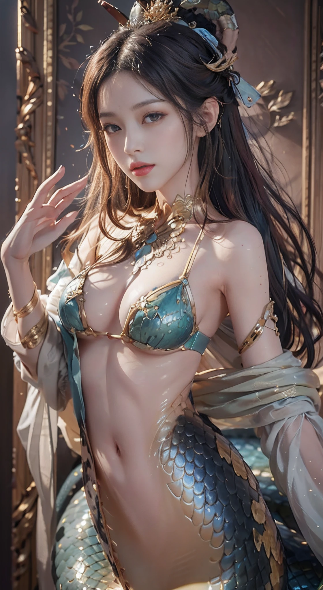 Dunhuang style:1.2,Lots of tulle streamers,A beautiful woman covered in golden scales,(mermaid:1.2), (Elongated snake tail:1.3),8K UHD,RAW photo,(Python pattern),(Crystal clear scales)golden colored,(Real Human:1.3),(A high resolution:1.4),(A detailed:1.5),(photorealestic:1.7),RAW photo,Portrait Photogram,cabellos largos dorados,Skin is delicate and smooth,Full breasts,Bare body,Silk tulle coat,(Lamia),RAW photo,超A high resolution,Foto realism,best qualtiy,(highdetailskin,skin detailed),Visible Pore,Shiny skin,tmasterpiece,finedetail,Colorization,Extremely Delicately Beautiful,Extremely detailed 8k wallpaper,8K high quality,Digital SLR,The beauty of the beautiful details,(looking at viewert),professional photograph lighting,Faraway view,full bodyesbian