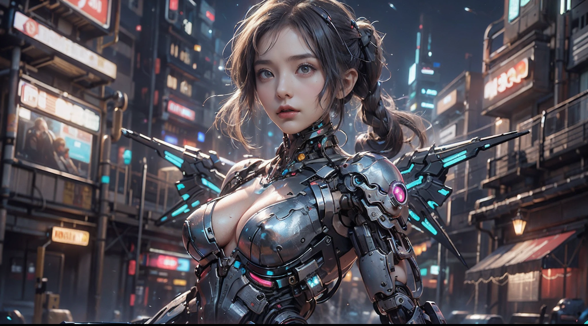 Girl in futuristic suit holding weapon，In front of the city of gunsmoke，Gunsmoke Street，battlefiled， Real women，Real face，cute female child， The perfect cyborg girl， Beautiful female ，beautiful girl cyborg，silber hair，Large breasts，CG，4K,the night，cyber punk perssonage，((Mechanical wings：1.8))