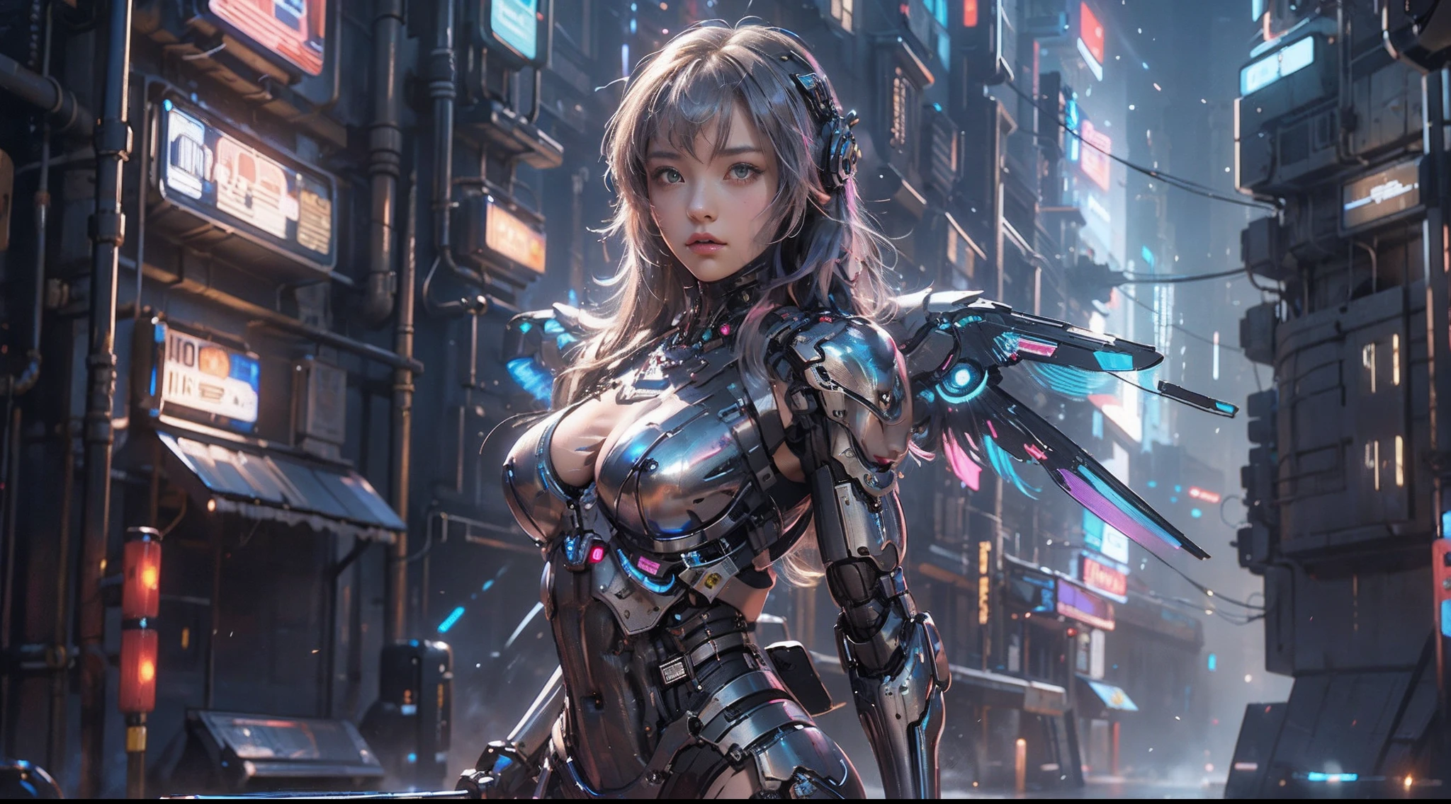 Girl in futuristic suit holding weapon,In front of the city of gunsmoke,Gunsmoke Street,battlefiled, Real women,Real face,cute female child, The perfect cyborg girl, Beautiful female ,beautiful girl cyborg,silber hair,Large breasts,CG,4K,the night,cyber punk perssonage,((Mechanical wings:1.8))