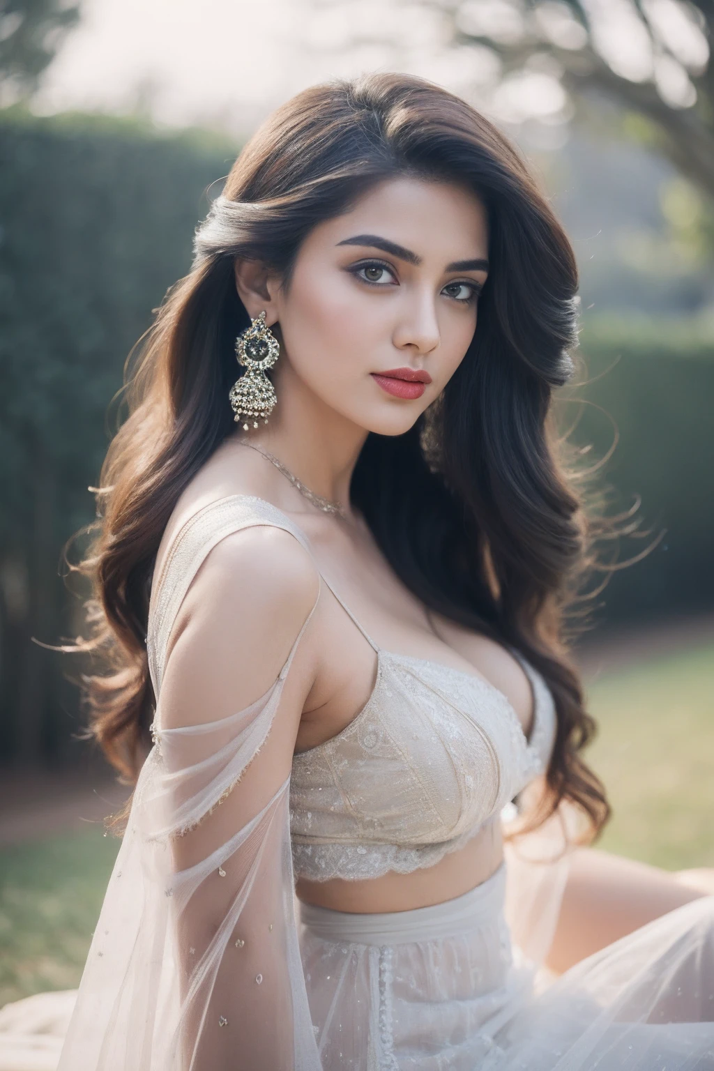 side topless portrait of A confident-looking indian woman, kamasutra princess with long flowing hair, hazel eyes, wearing designer jewellery, visible c-cup breast sitting on royal garden, palace background, bokeh perfect composition, hyperrealistic, super detailed, 8k, high quality, trending art, trending on artstation, sharp focus, photo shoot, intricate details, highly detailed, art by greg rutkowski