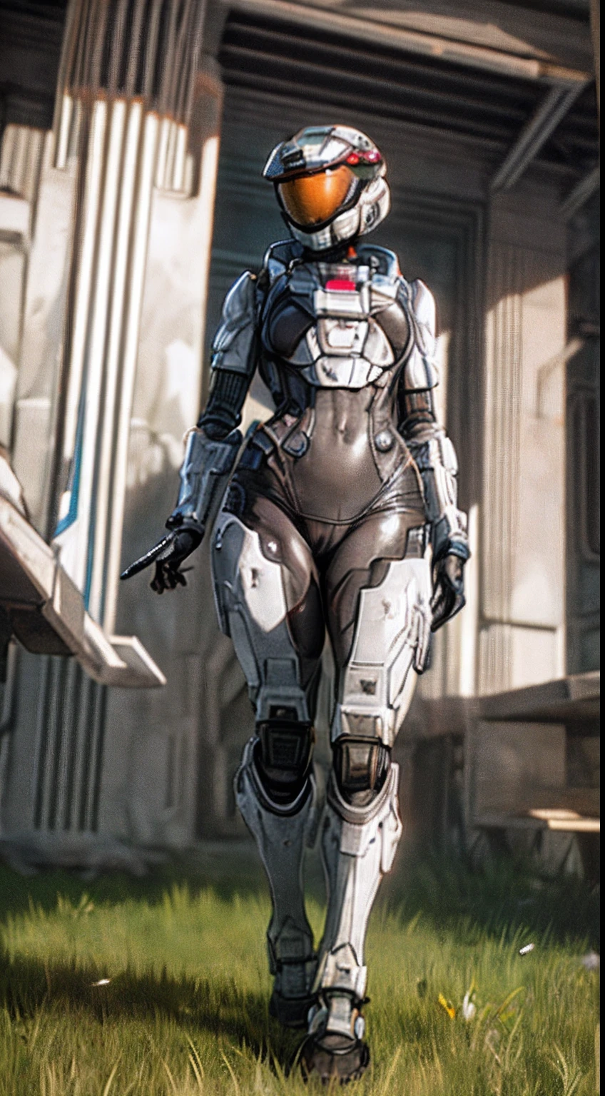 spartan, 1girls, solo, helmet, faceless, armor, gloves, power armor, science fiction, futuristic architecture, crotch plate, breastplate, medium-large breasts, outside, mountain, grass field, facing away, slender, dynamic lighting, bloom, shiny skin, presenting, shiny skin, functional armor, full body shot, tall, slightly longer legs, larger body type, athletic, menacing pose, close to viewer, bullet proof vest collar, hips slightly wider than shoulders, viewing from below, developed thighs, intricate details on outfit, thigh gap, skin tight,