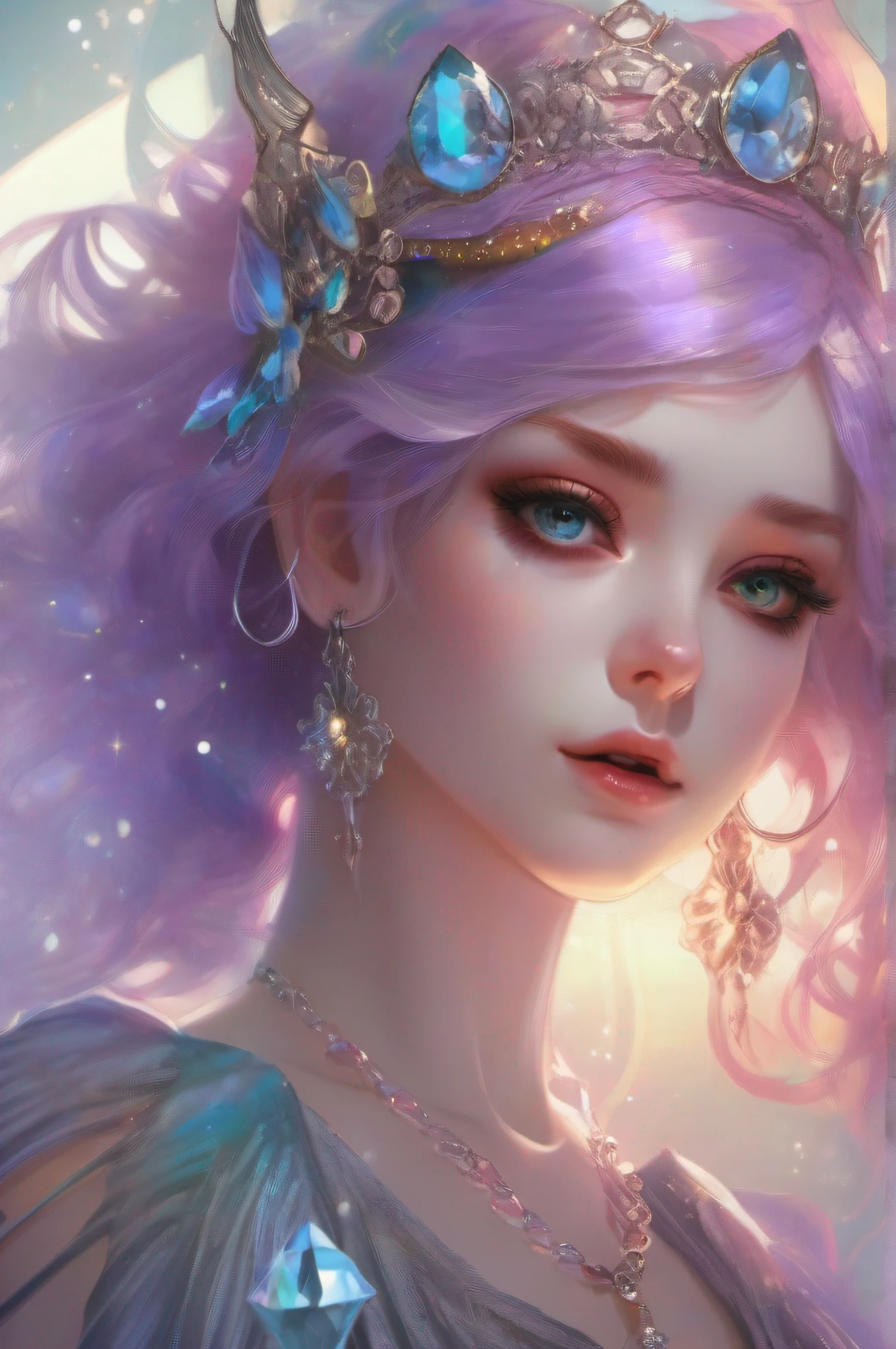 1girl, multicolored hair, halo, mismatched pupils, crystal earrings, sparkle, Romanticism, Tonalism, UHD, retina, anatomically correct, best quality