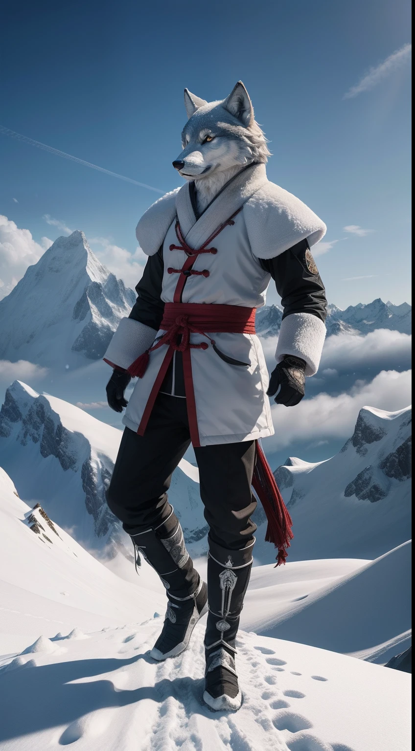 tai chi master, wolf head, full body, on the peak of snow mountain, clouds cover, Animal Anthropomorphism, realistic digital, humanoid, abstract background, global illumination, intricate, epic, dramatic, masterpiece, high detail, best quality, ultra high res