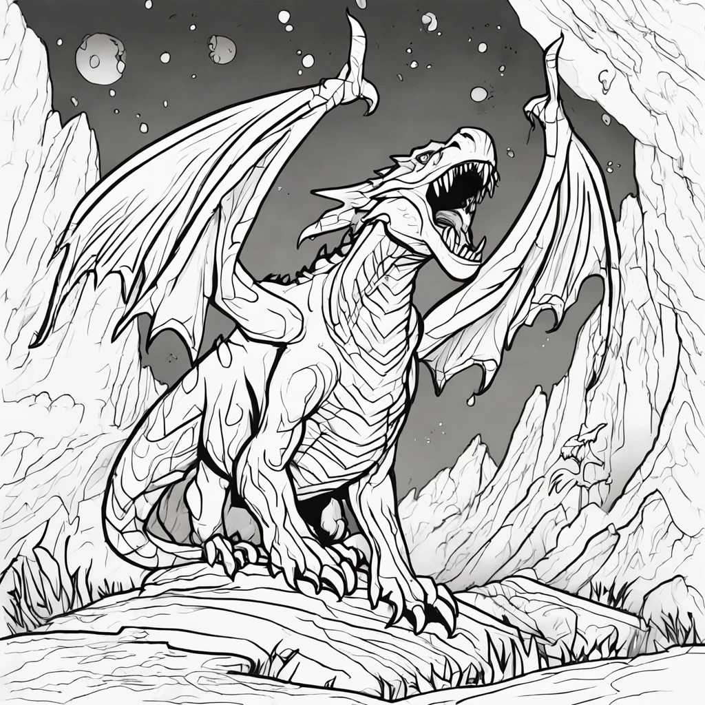 Coloring page for kids, no color, dragão Wyvern in a volcano no color, cartoon style, black and white, low detail, no shading, no color