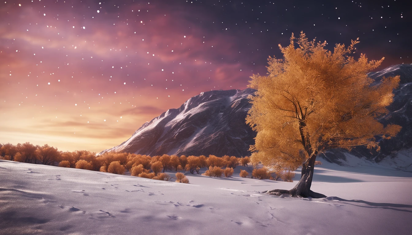 Golden Tree, small, at starrynight, aurora borealis, 8K, Ultra photo realsisim, High-contrast detail