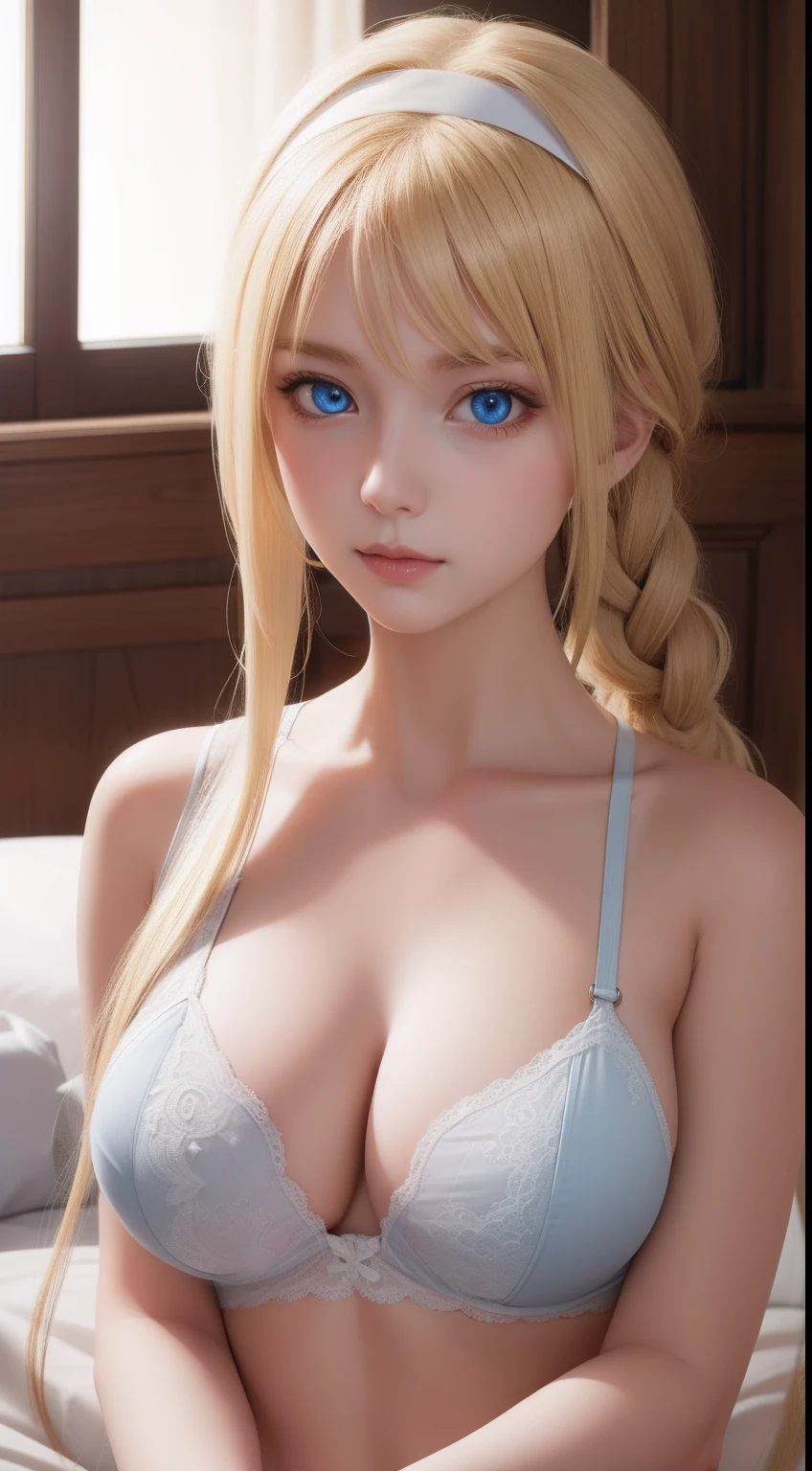 alicezuberg, alice zuberg, bangs, blue eyes, blonde hair, hair between eyes, very long hair, braid, hairband, white hairband, (big breast:1.2),
BREAK lingerie,
BREAK indoors, bed, bedroom,
BREAK looking at viewer, BREAK (masterpiece:1.2), best quality, high resolution, unity 8k wallpaper, (illustration:0.8), (beautiful detailed eyes:1.6), extremely detailed face, perfect lighting, extremely detailed CG, (perfect hands, perfect anatomy),