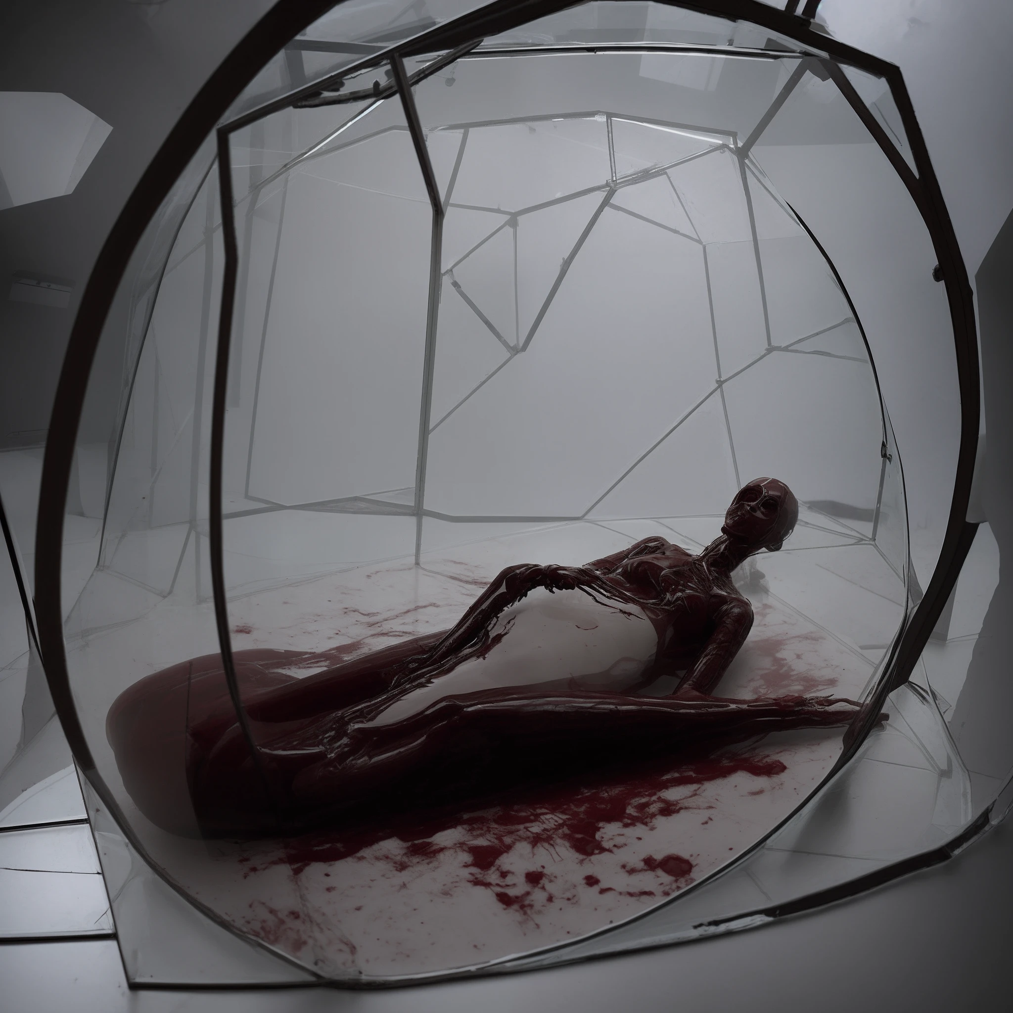 A corpse in the shape of a blood art under a transparent glass dome