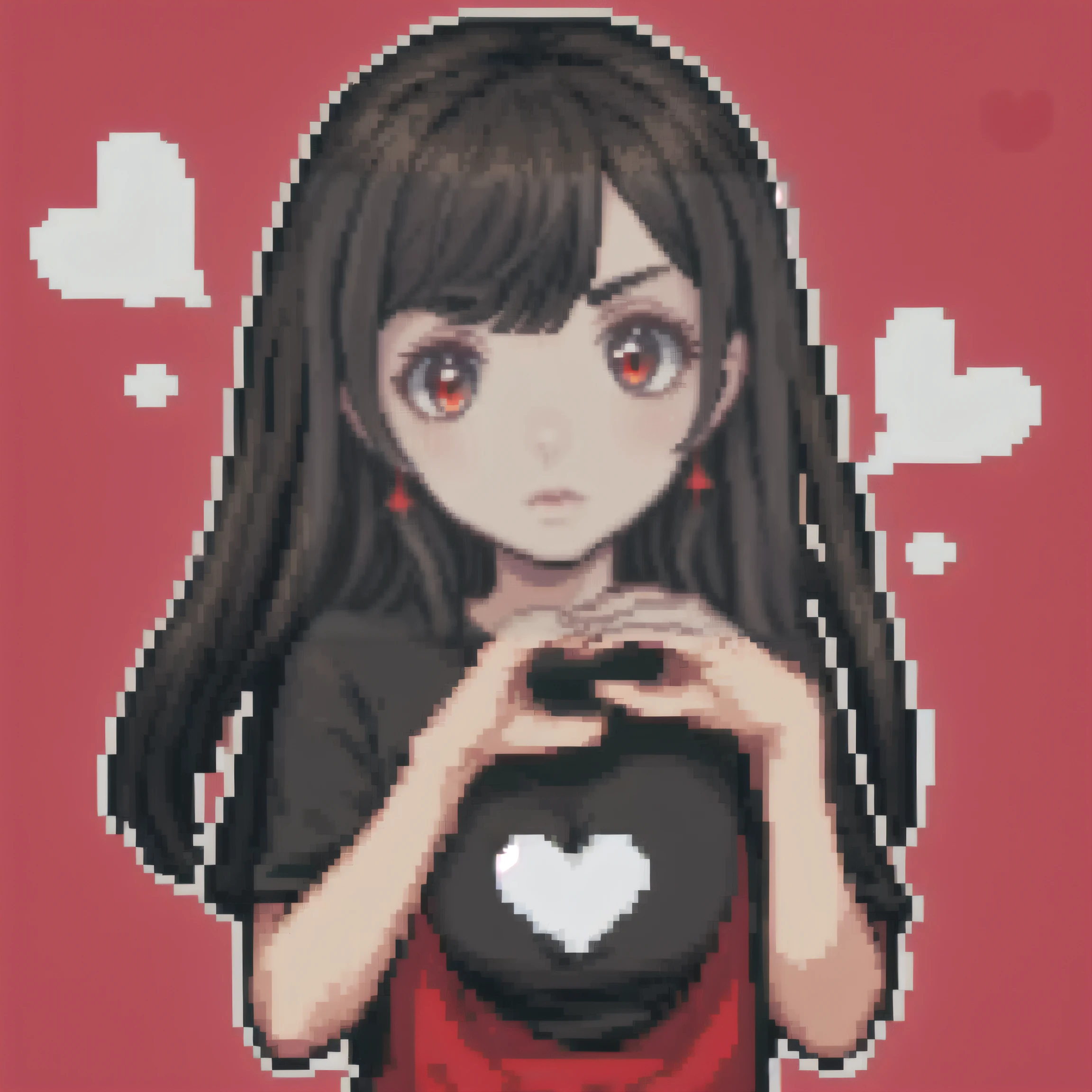 a pixel art of a black haired asian girl in a black t-shirt making a heart while blushing